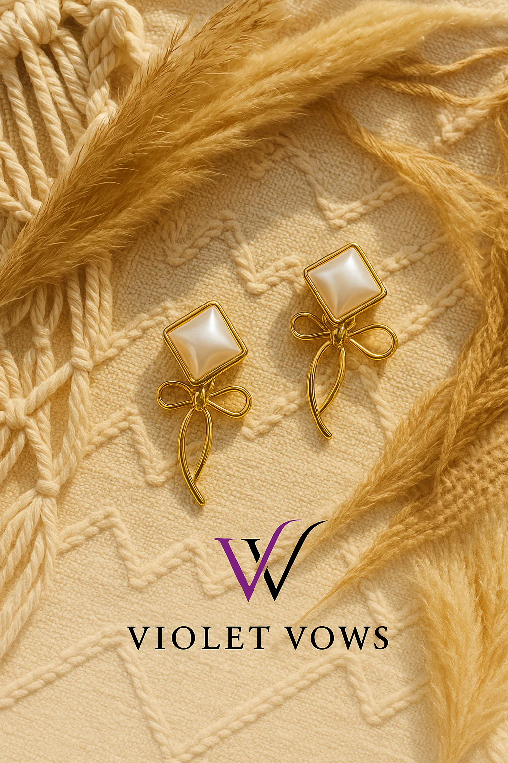 Pearl Square Stud Earrings with Gold Bows - Image 2