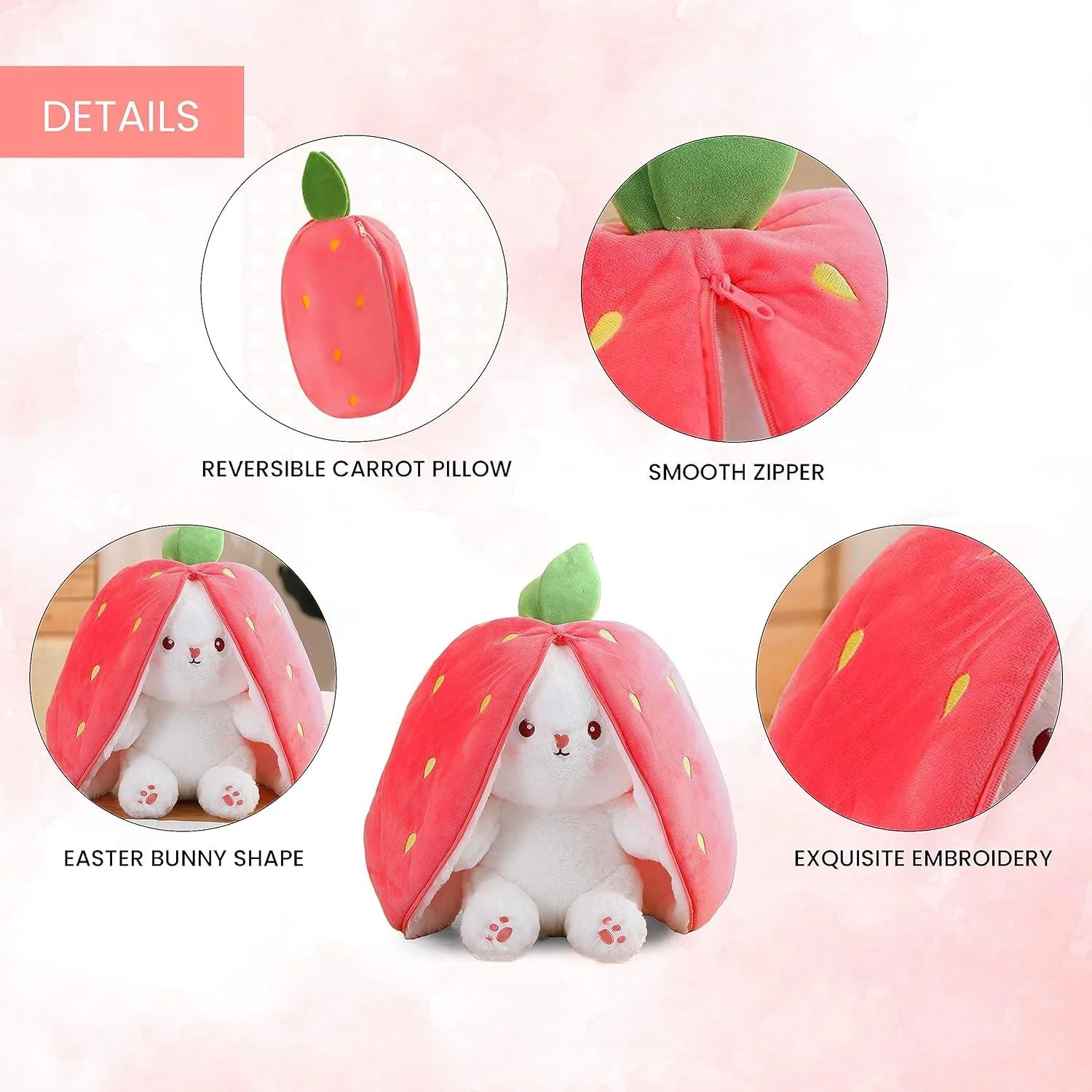 PeekaBoo: Reversible Strawberry Bunny Plush Toy Pillow with Zipper – Soft & Cuddly Gift for Kids & Plush Lovers - Image 3