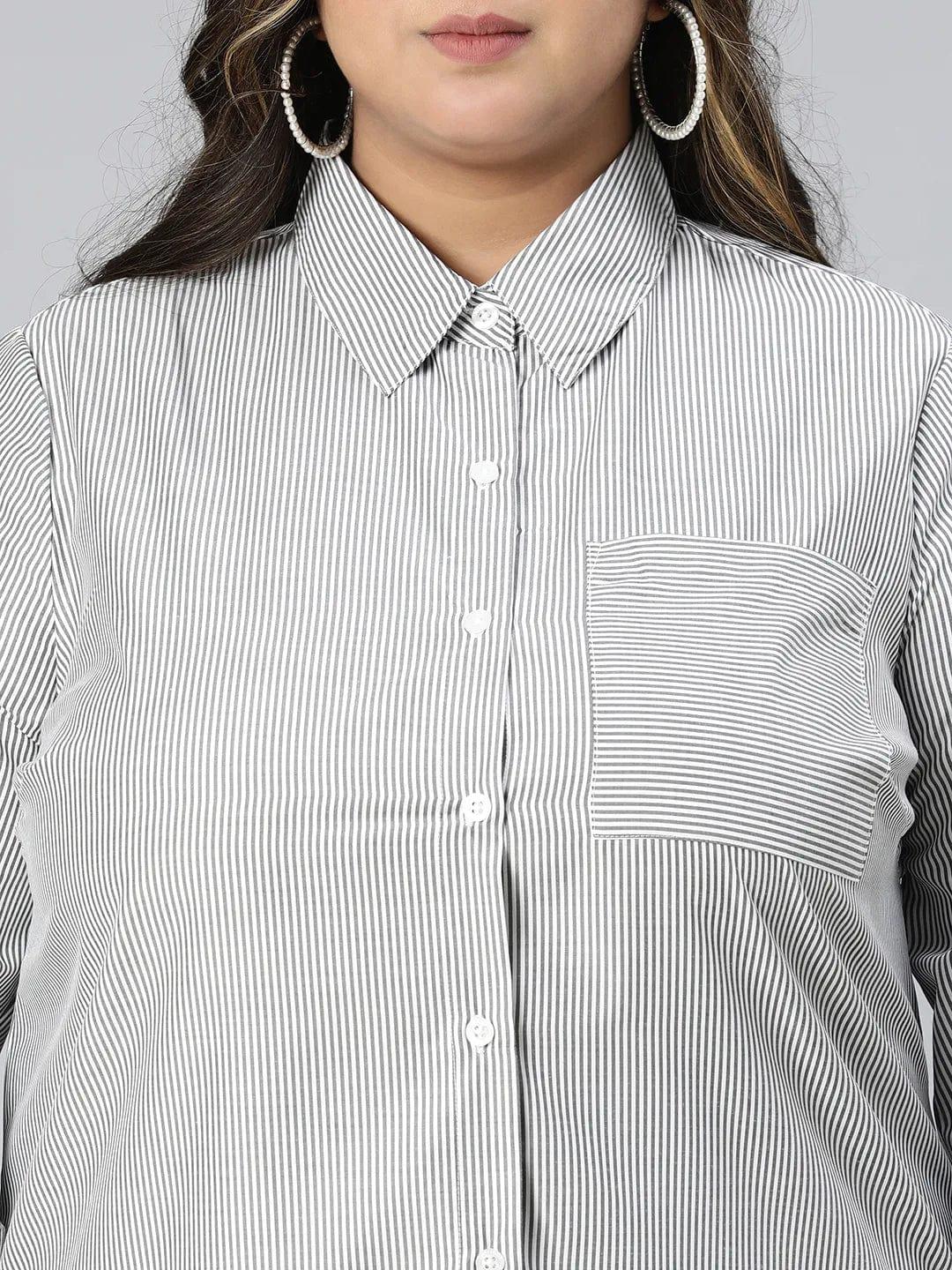 Perfect Black Stripe Print Long Sleeve Plus Size Cotton Shirt - Image 6