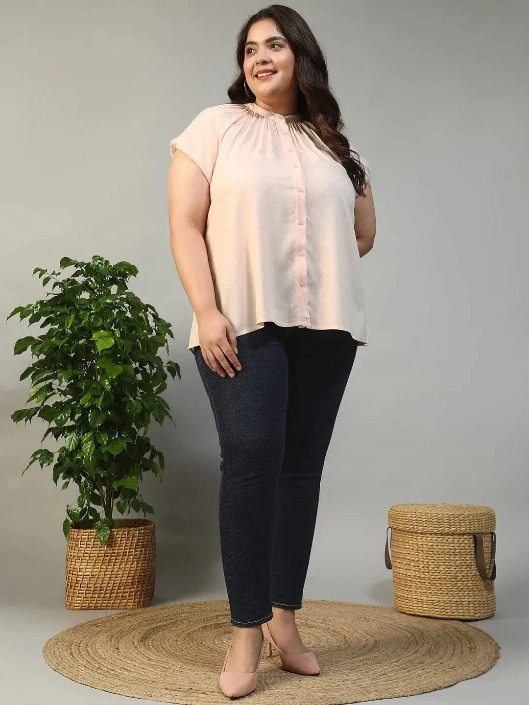 Perfect Peach Gather Detail Short Sleeve Button Down Rayon Swiss Dot Dobby Plus Size Women Shirt
