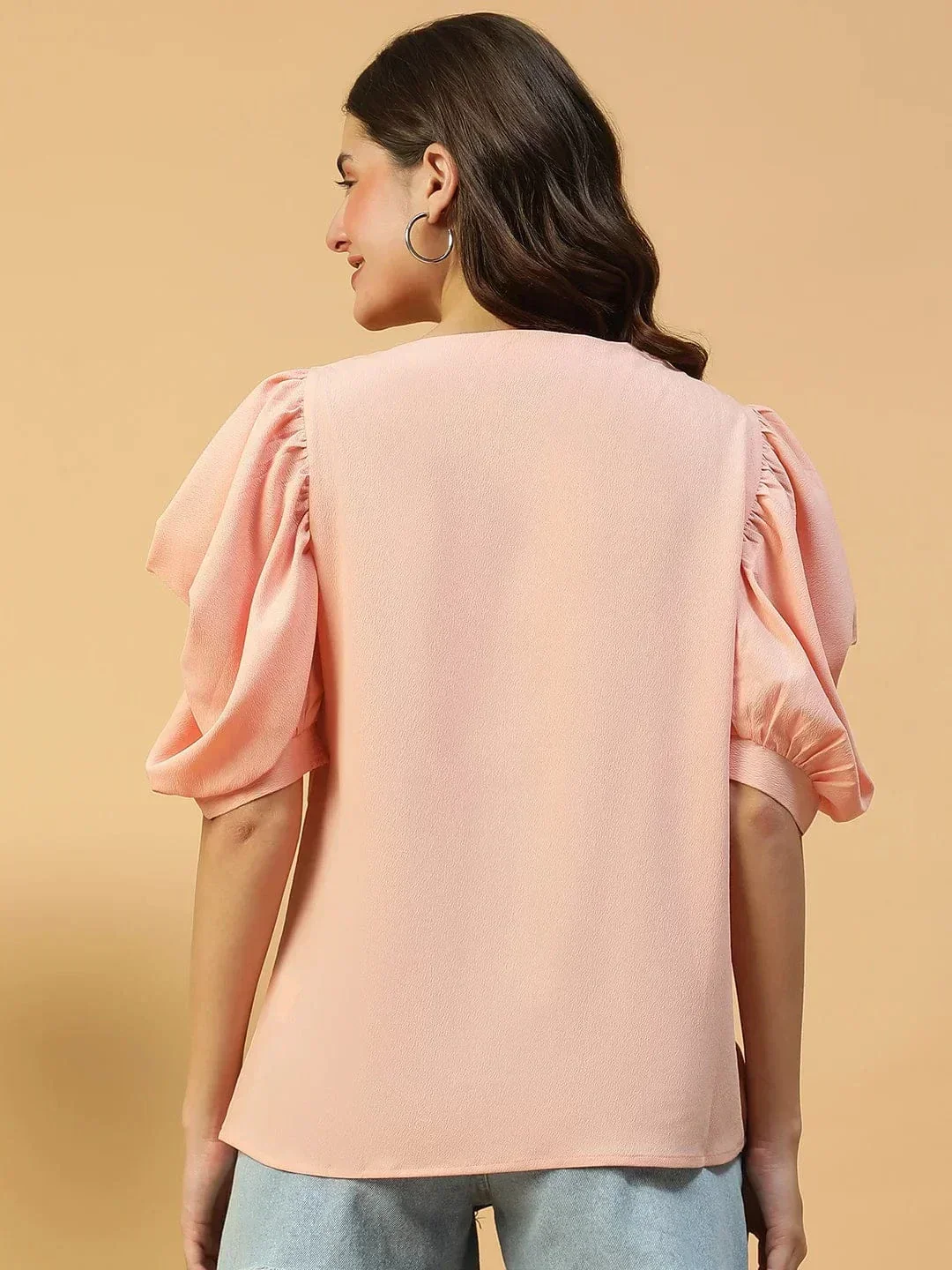 Perfect Peach Round Neck Short Puff Sleeve Women Top - Image 5