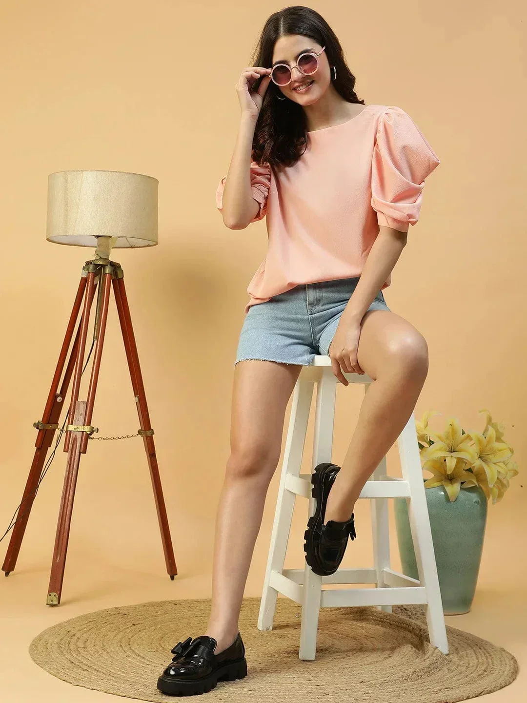 Perfect Peach Round Neck Short Puff Sleeve Women Top - Image 8