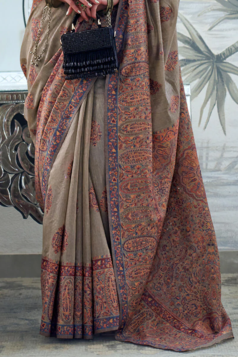 Phenomenal Grey Pashmina Saree With Desiring Blouse Piece - Image 3