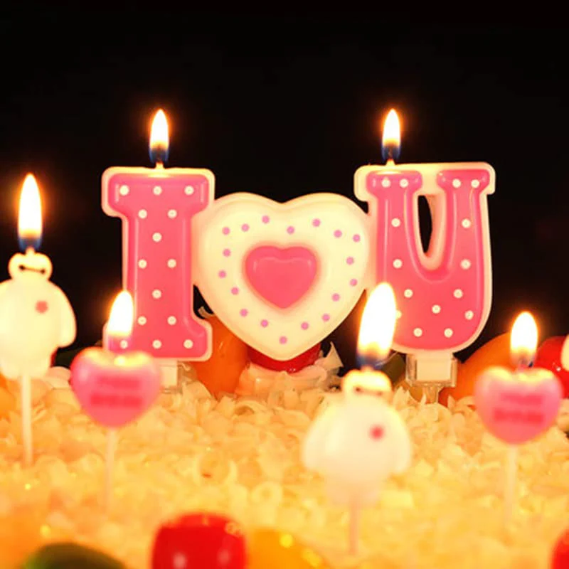 Pink Color White Dotted I Love You Heart Shape Cake Topper Candle - Image 3