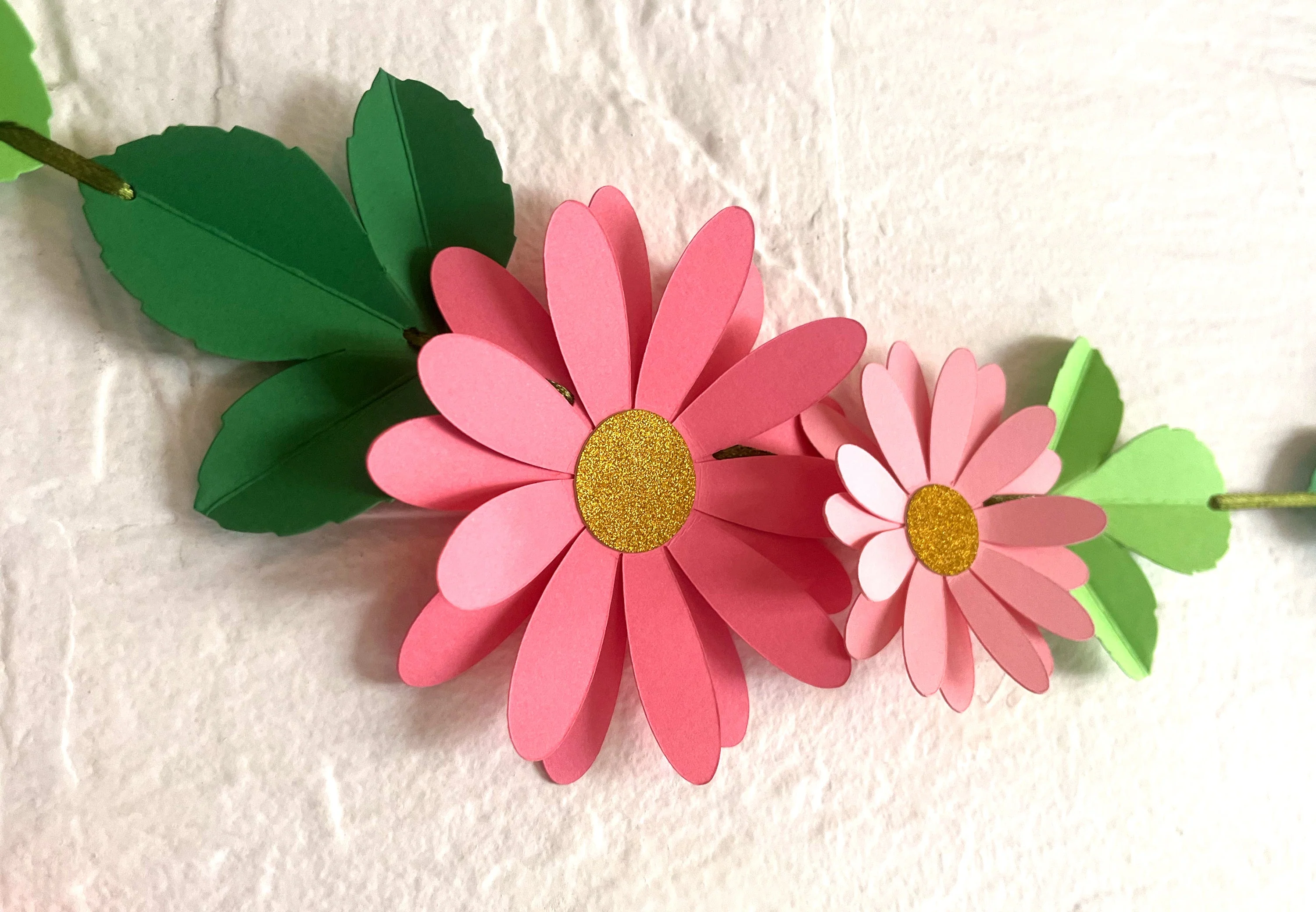 Pink Daisy Flower & Leaves Paper Bunting & Wall Decor - Image 3