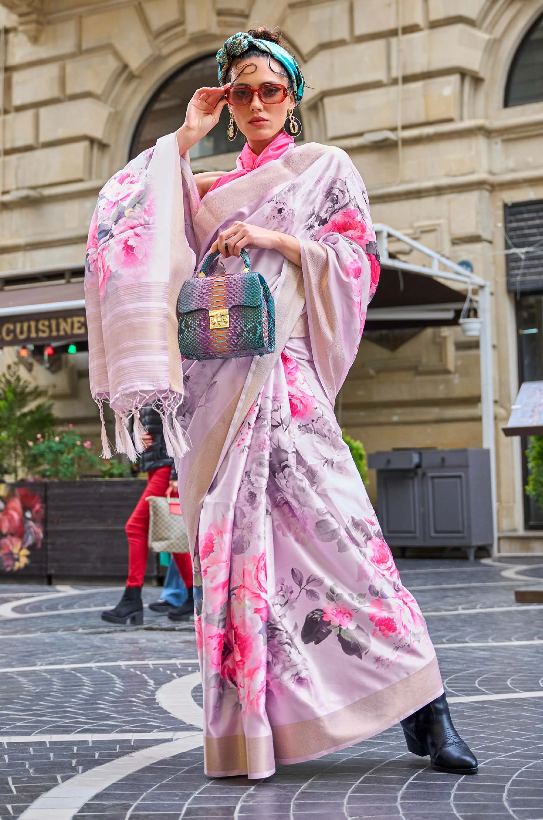 Pink Floral Fusion Gaji Silk Saree - Image 2