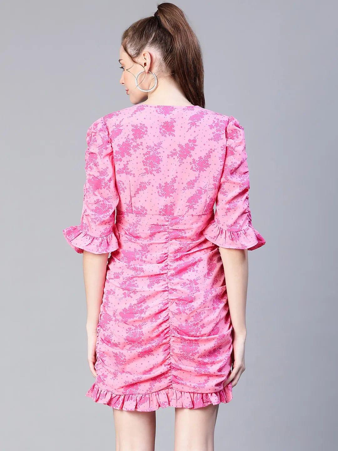 Pink Floral Print Gather Pleated V-Neck Ruffle Women Dress - Image 2