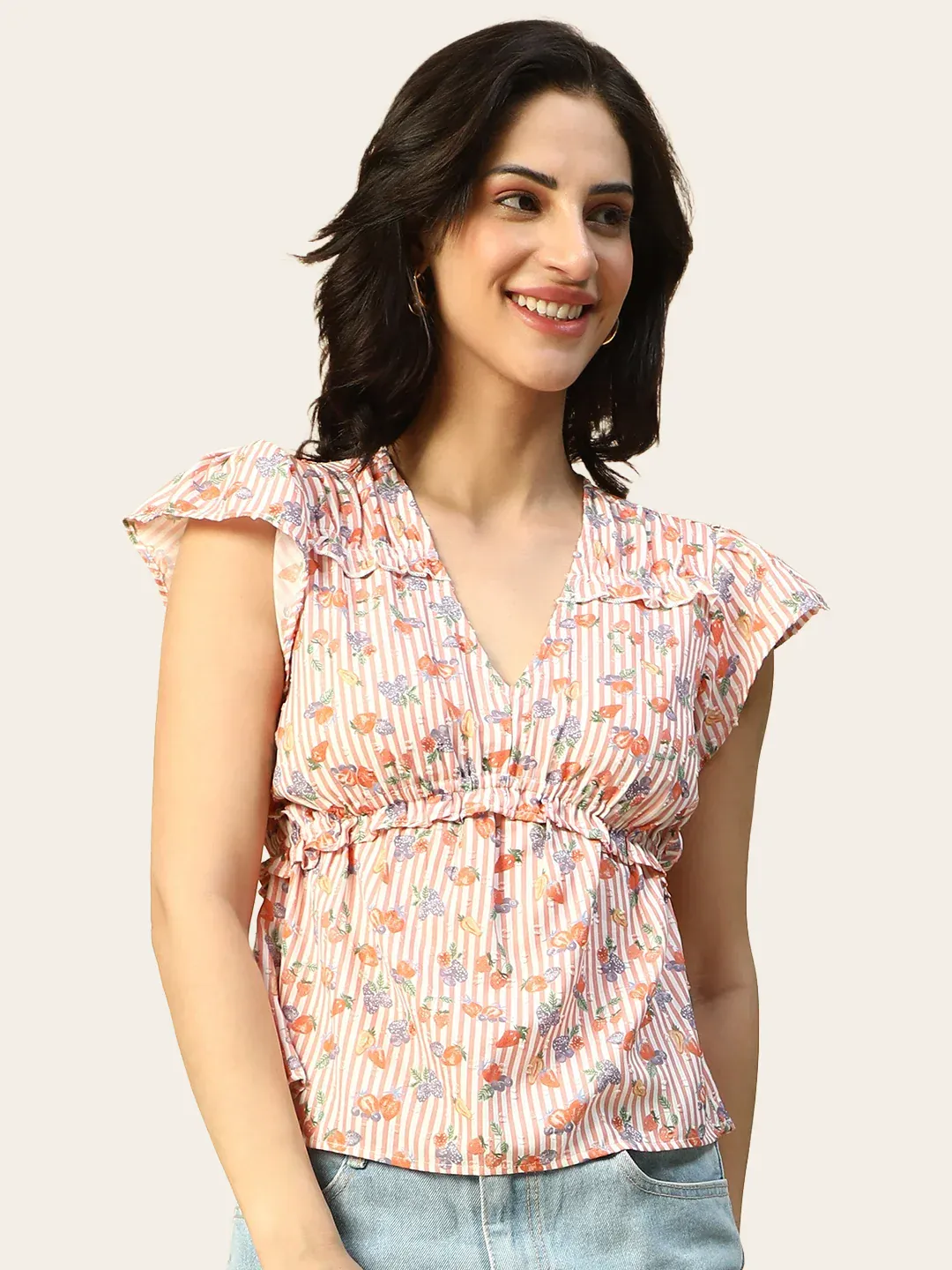 Pink Floral Print Women Peplum Top with Ruffle Detail