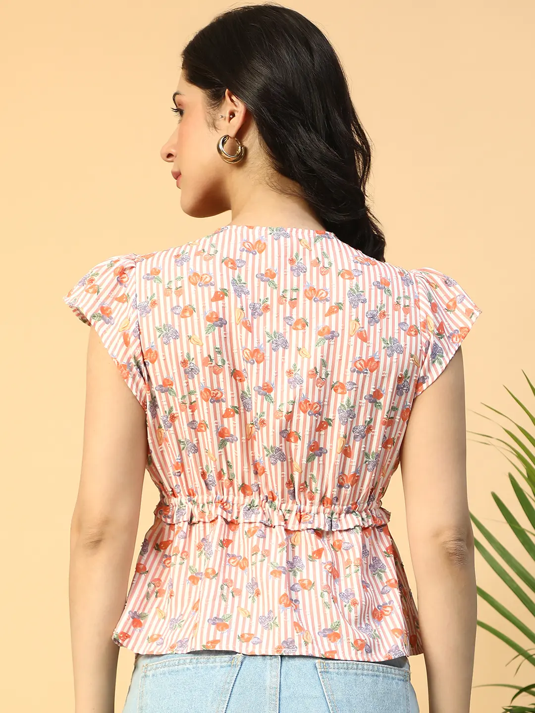 Pink Floral Print Women Peplum Top with Ruffle Detail - Image 5