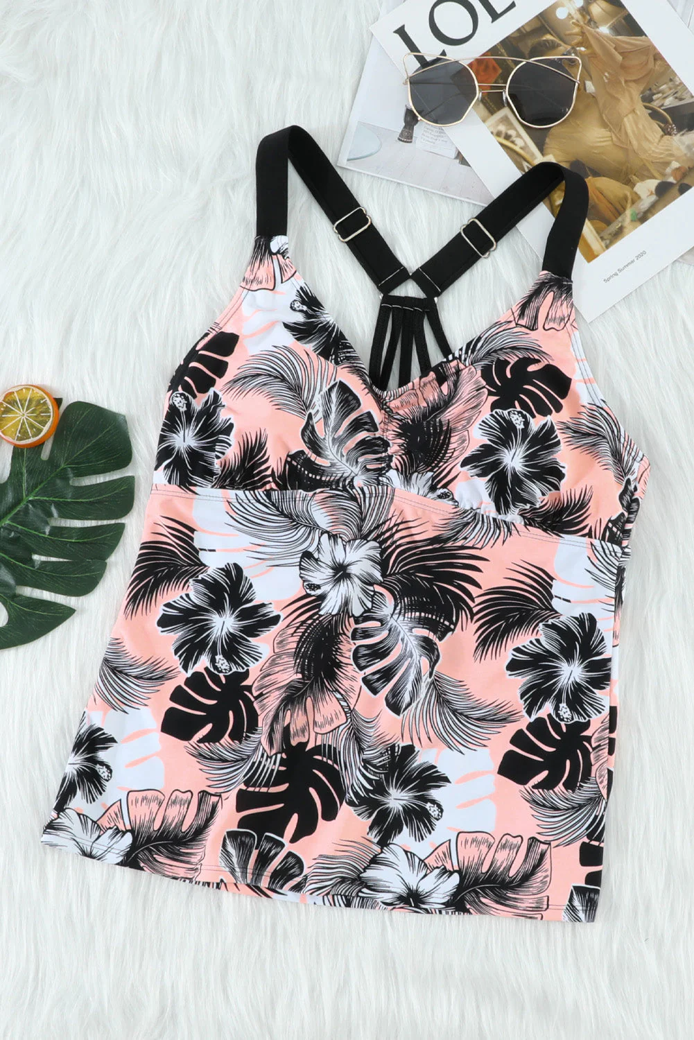 Pink Floral Printed Strappy Raceback Swimwear Top - Image 9