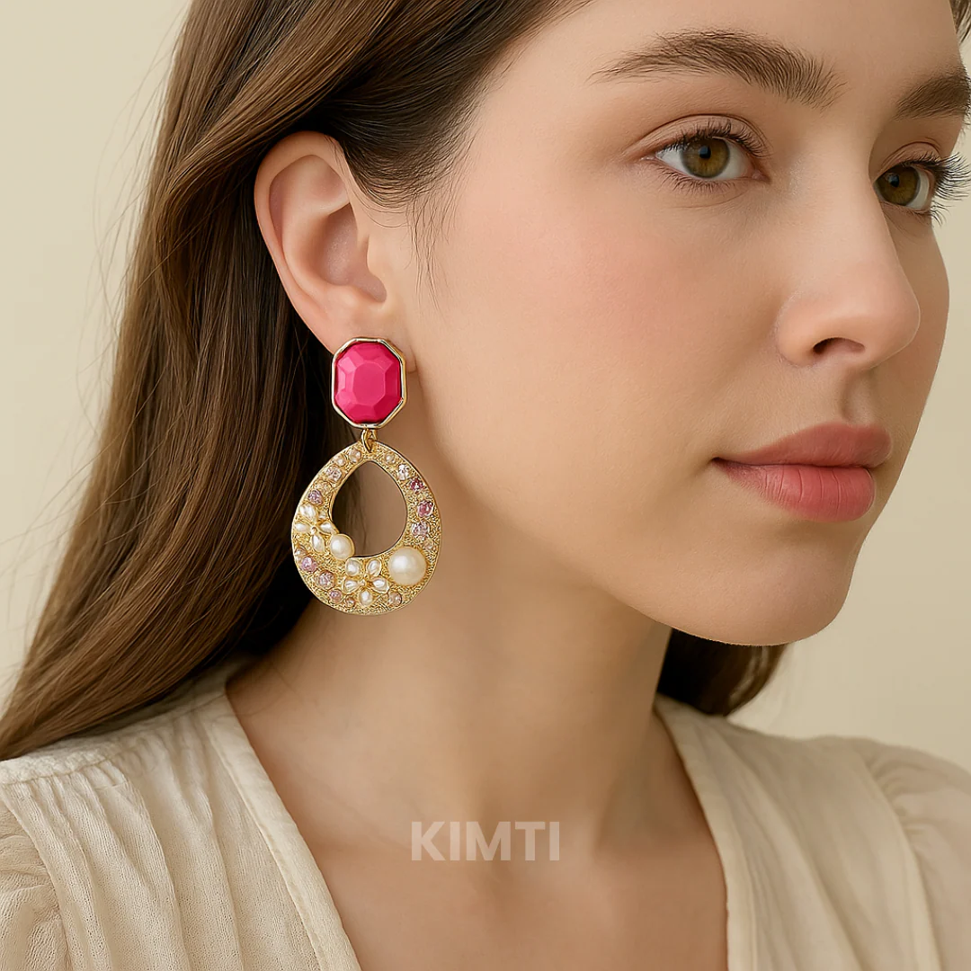 Pink Golden Flower Dangler Earring - Image 3