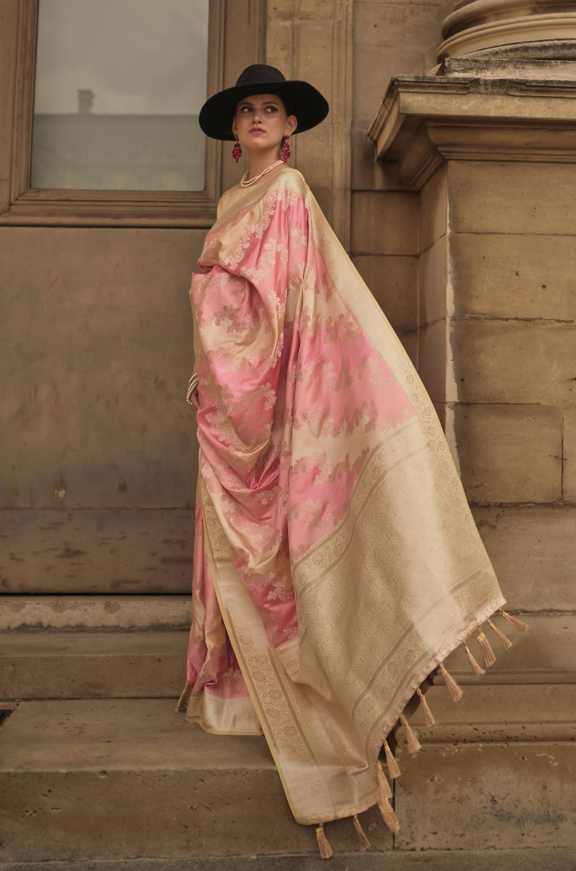 Pink Golden Rangkat Woven Satin Silk Saree - Image 2