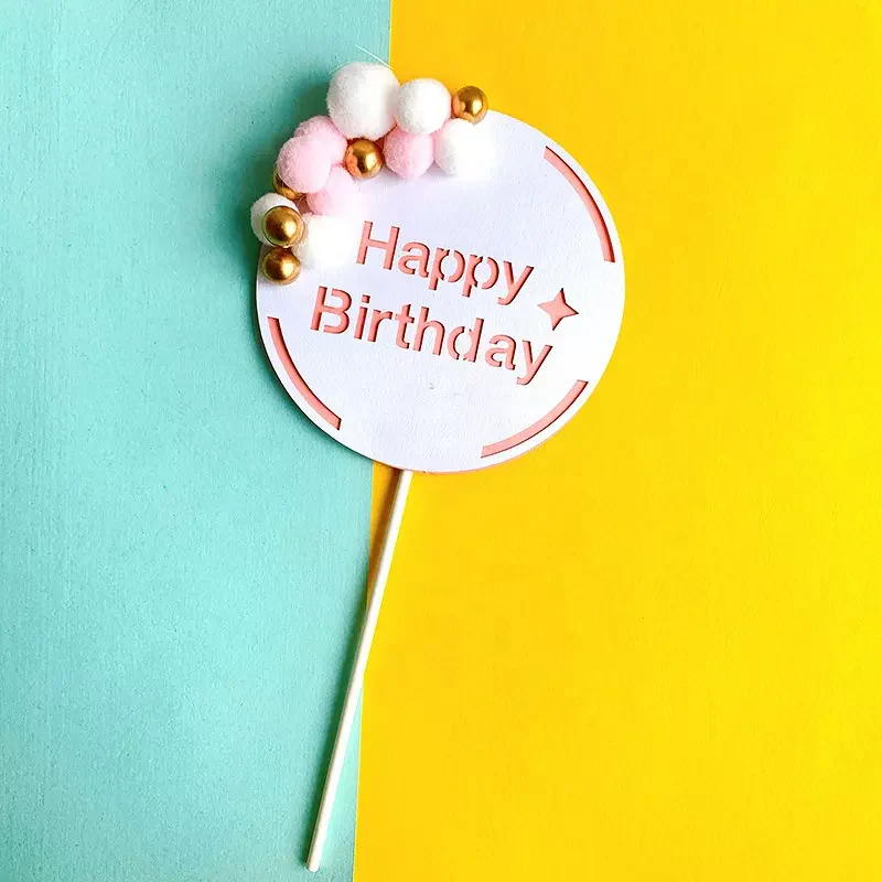 Pink Happy Birthday Cake Topper With Fuzzy Balls (Pack of 1) - Image 2