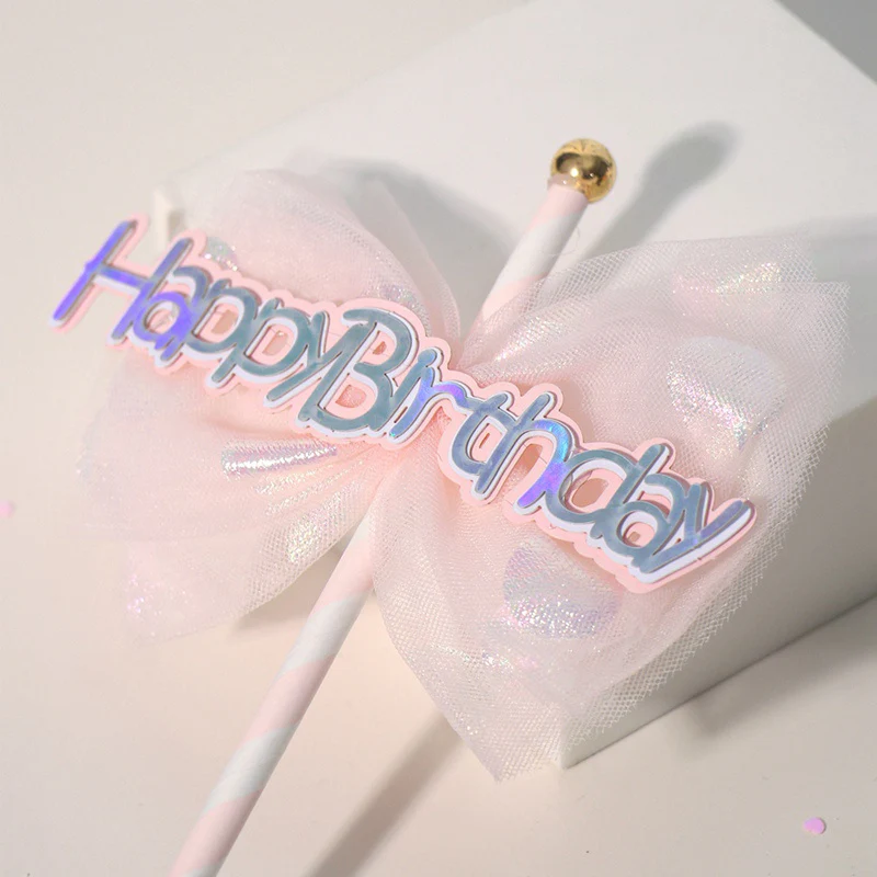 Pink Happy Birthday Letter With Polka Doted Ribbon Bow Cake Topper (Pack of 1) - Image 3
