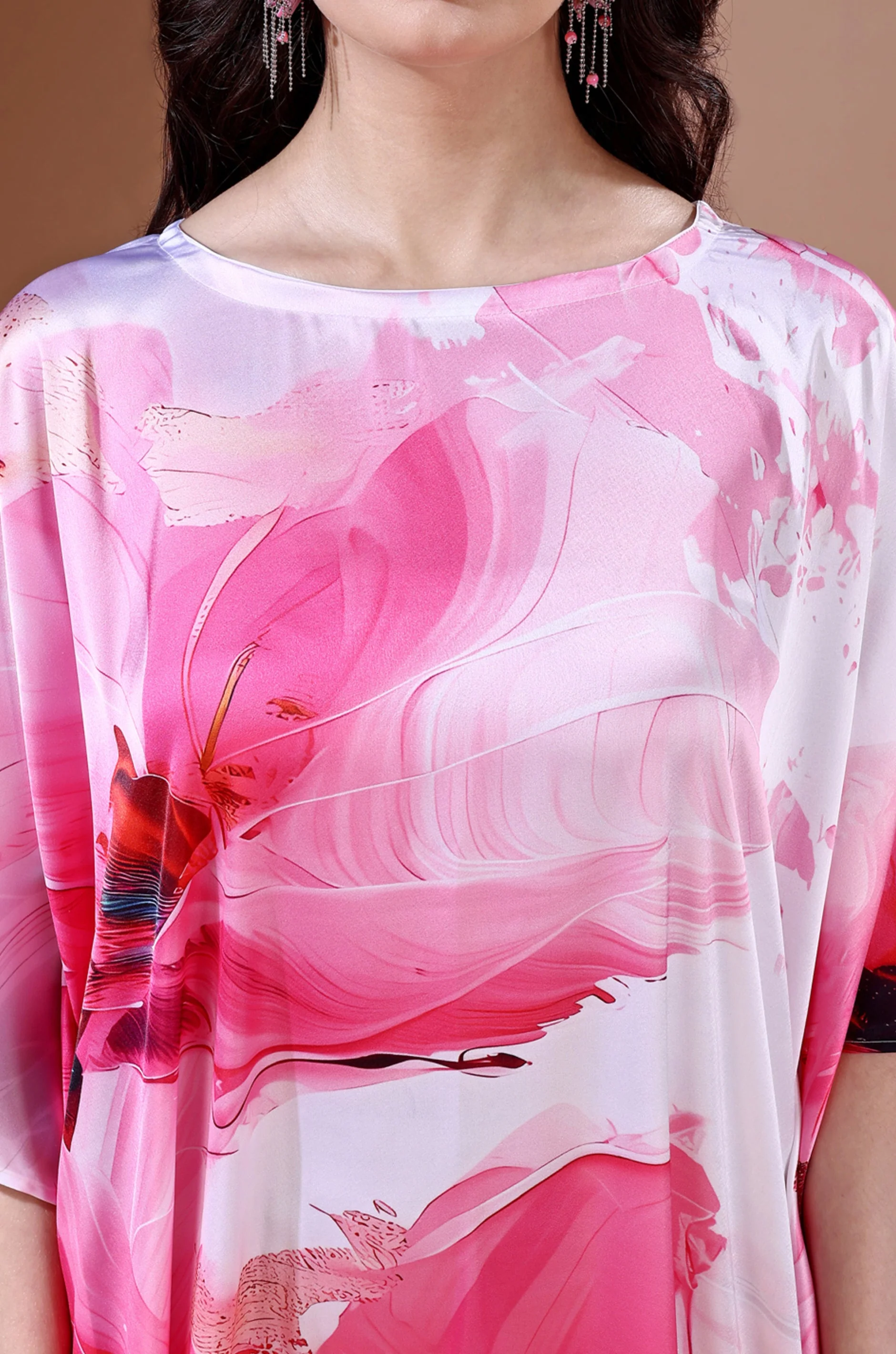 Pink Haven Soft Satin Kaftan With Digital Print - Image 4