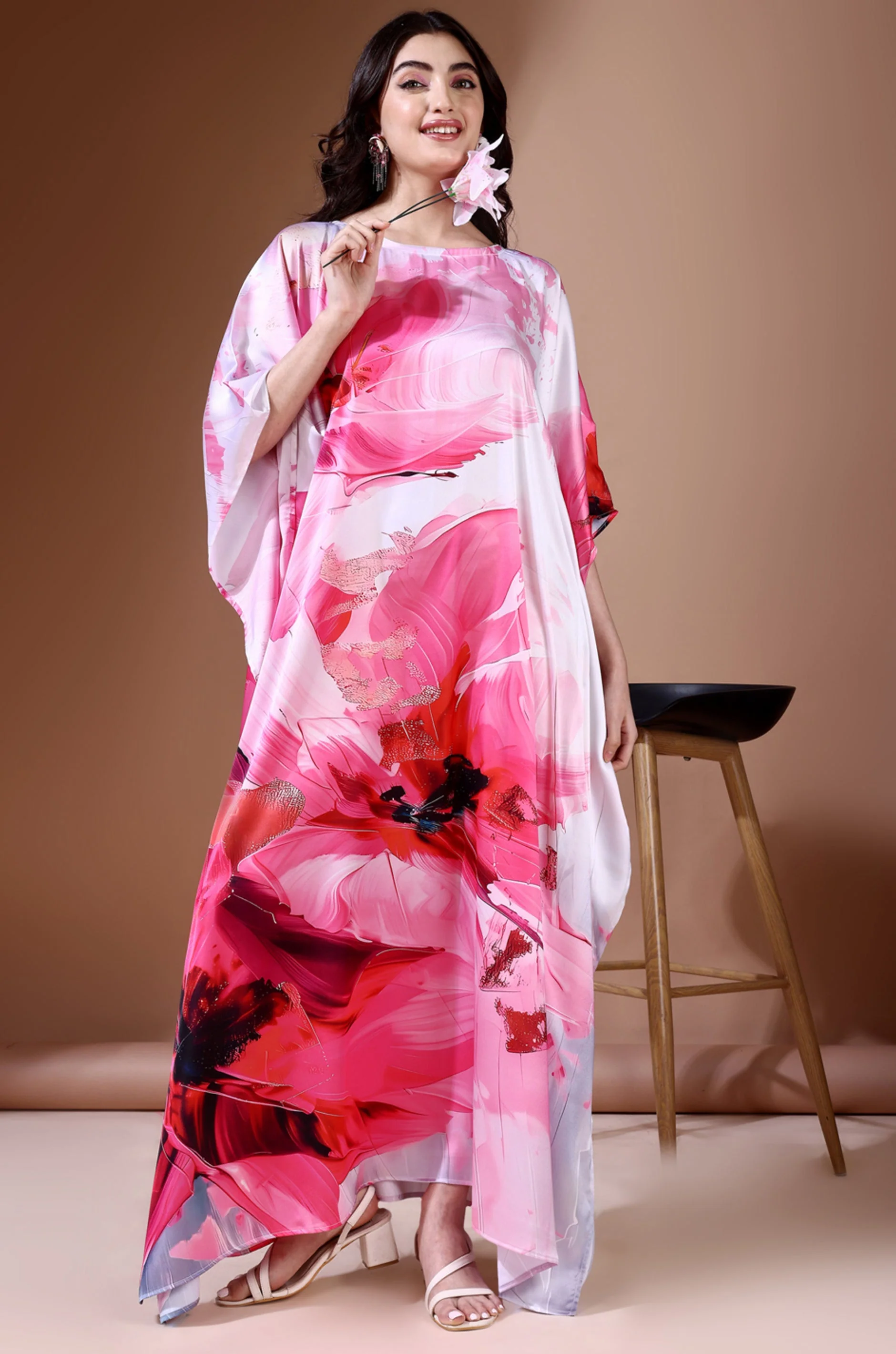 Pink Haven Soft Satin Kaftan With Digital Print - Image 5