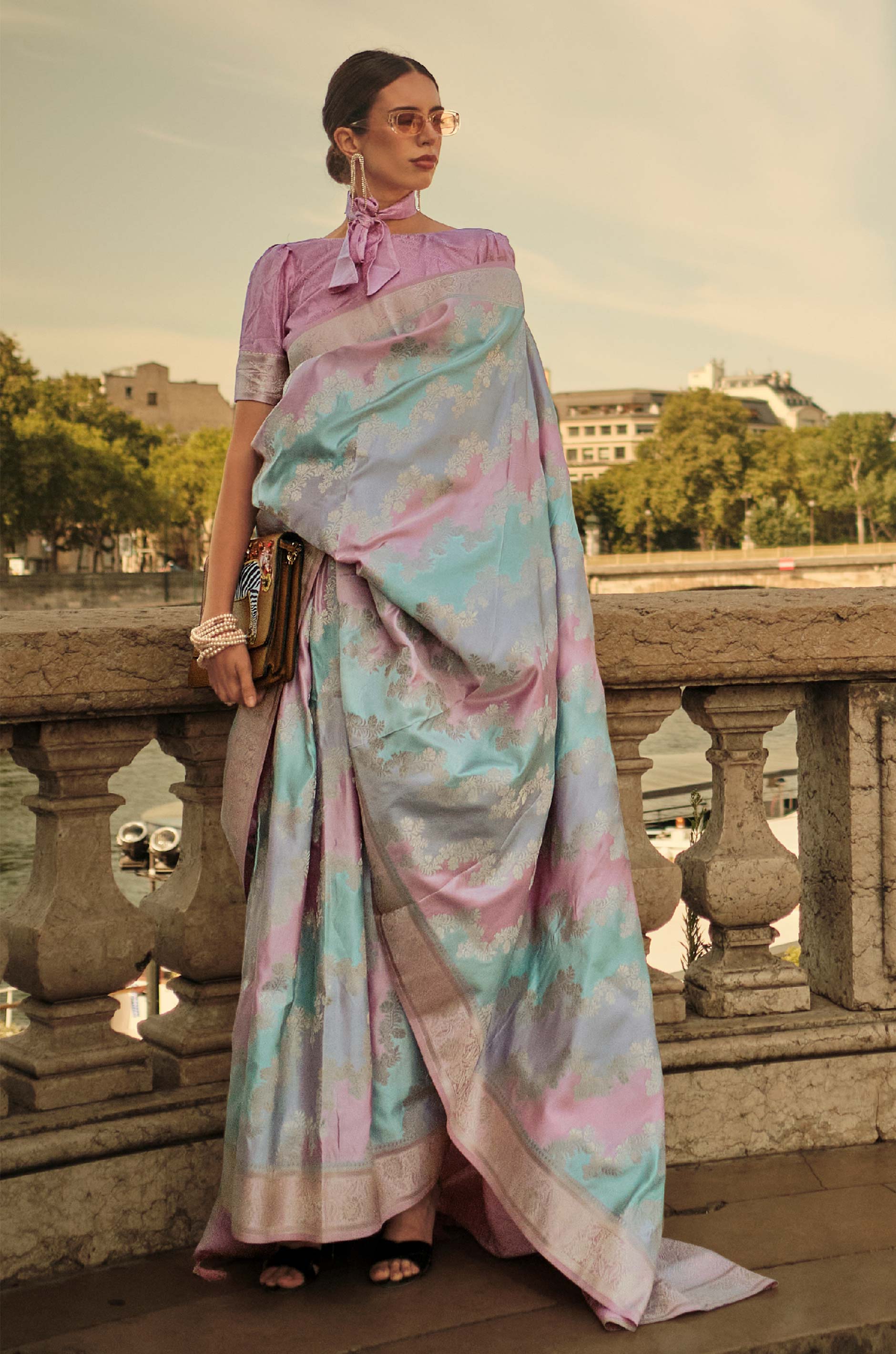 Pink Multicolour Rangkat Woven Satin Silk Saree - Image 2