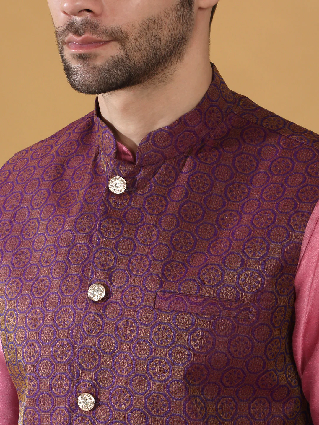 Pink Silk Blend Kurta churidar with Jacquard Geometric Sleeveless Nehru Jacket set - Image 3