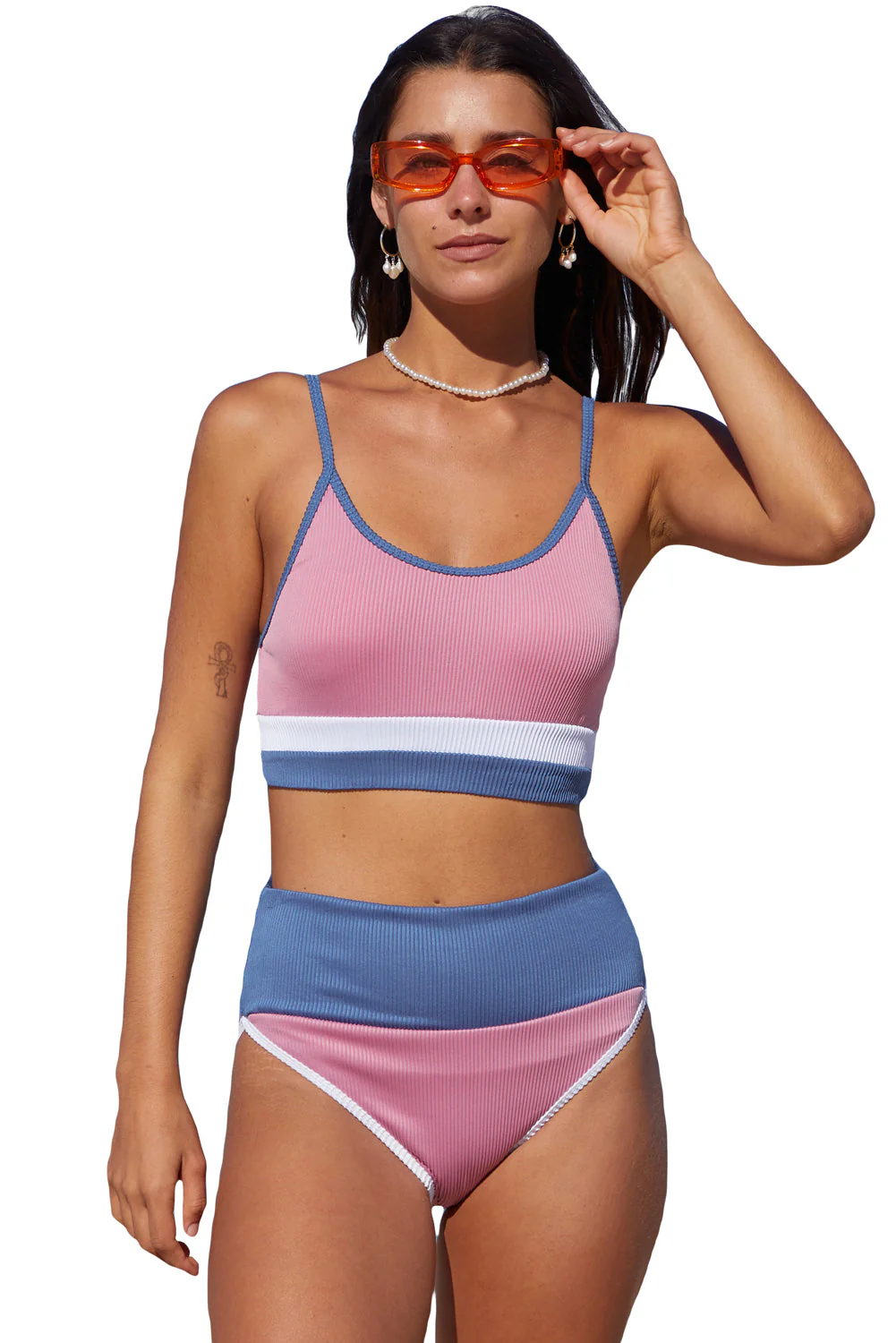 Pink Spaghetti Straps Color Block Ribbed Swimsuit - Image 4