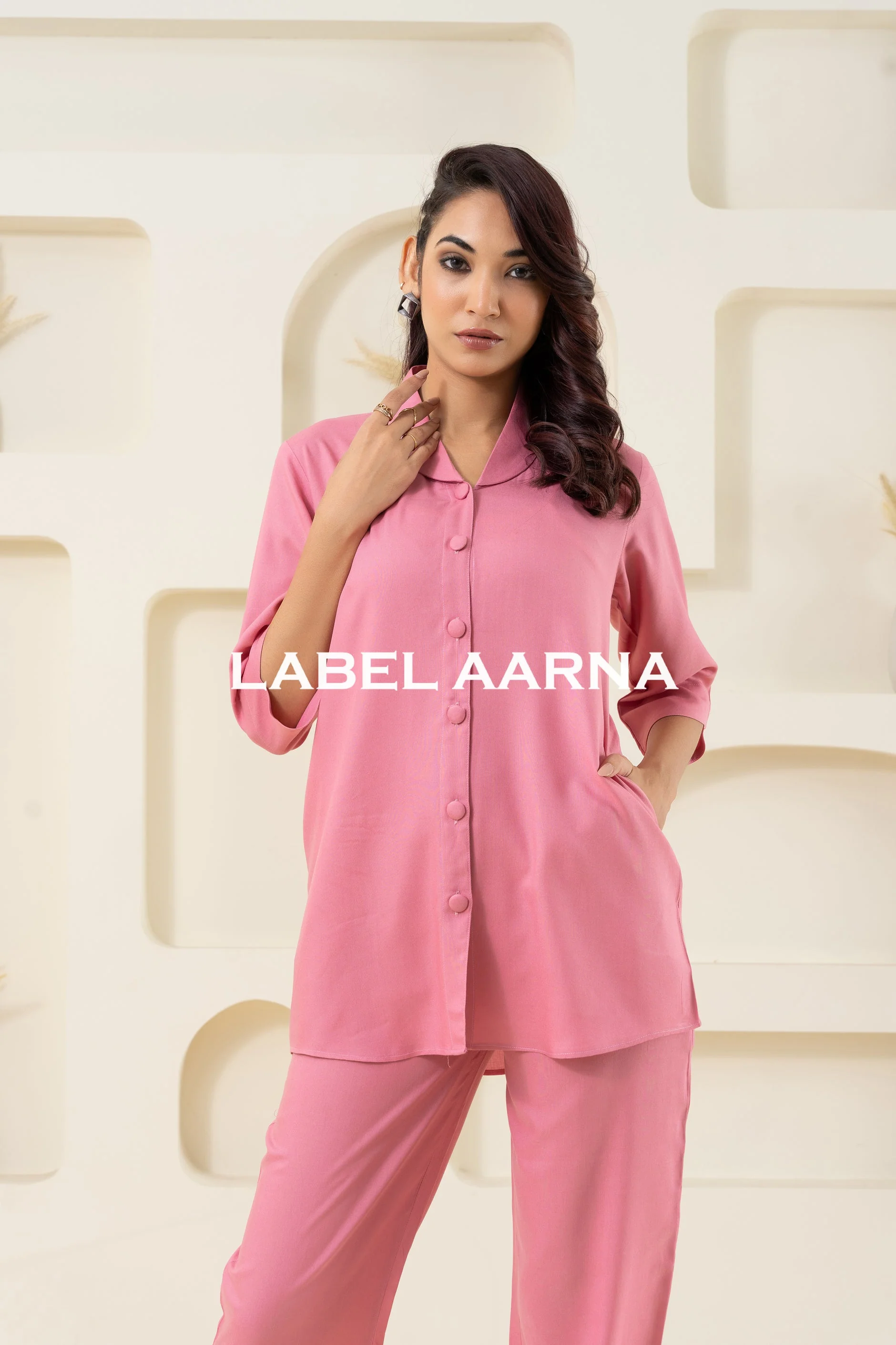 Pink Viscose Shawl Collar Solid Co-Ord Set - Image 3