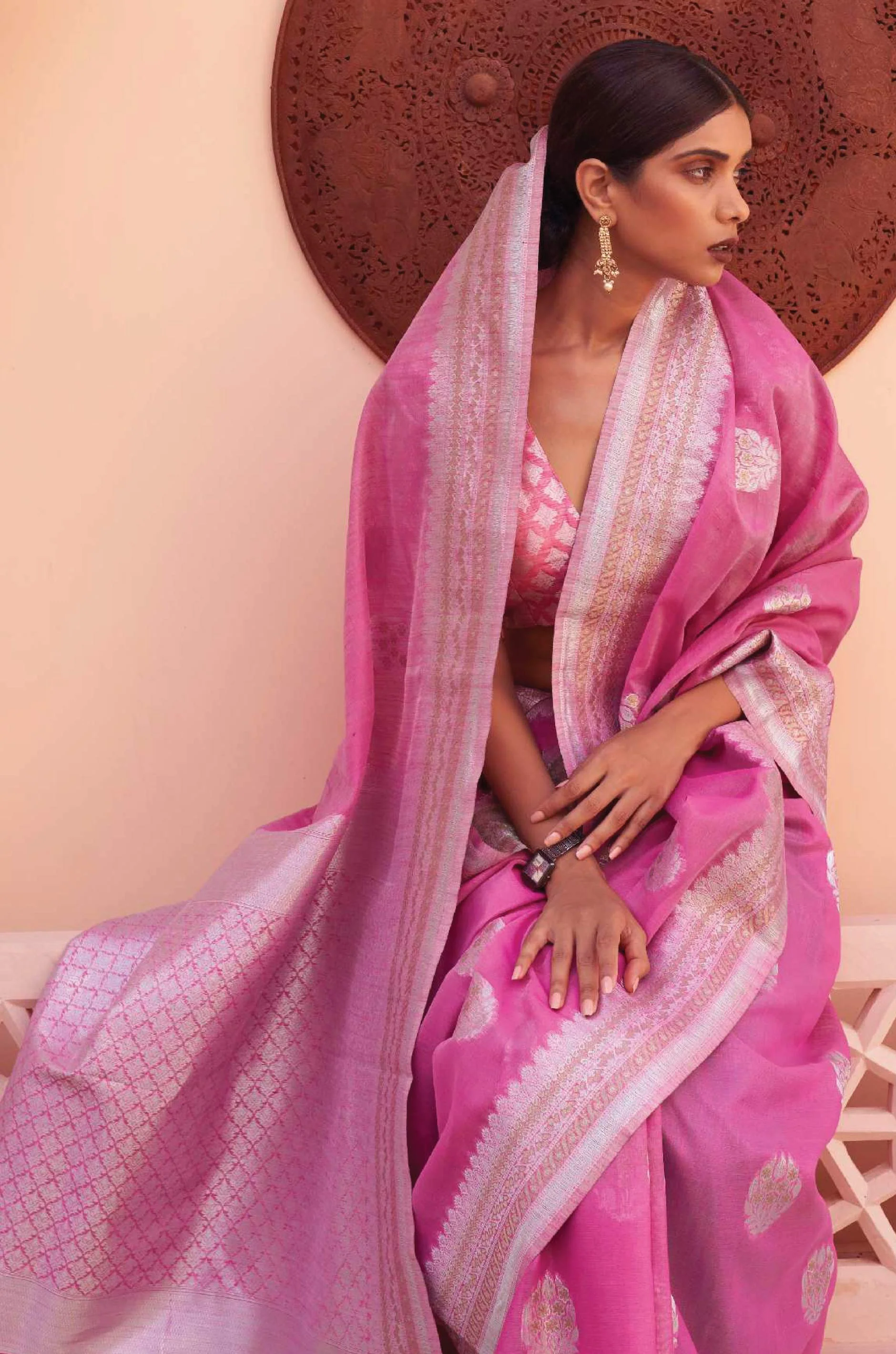 Pink Woven Linen Saree - Image 5