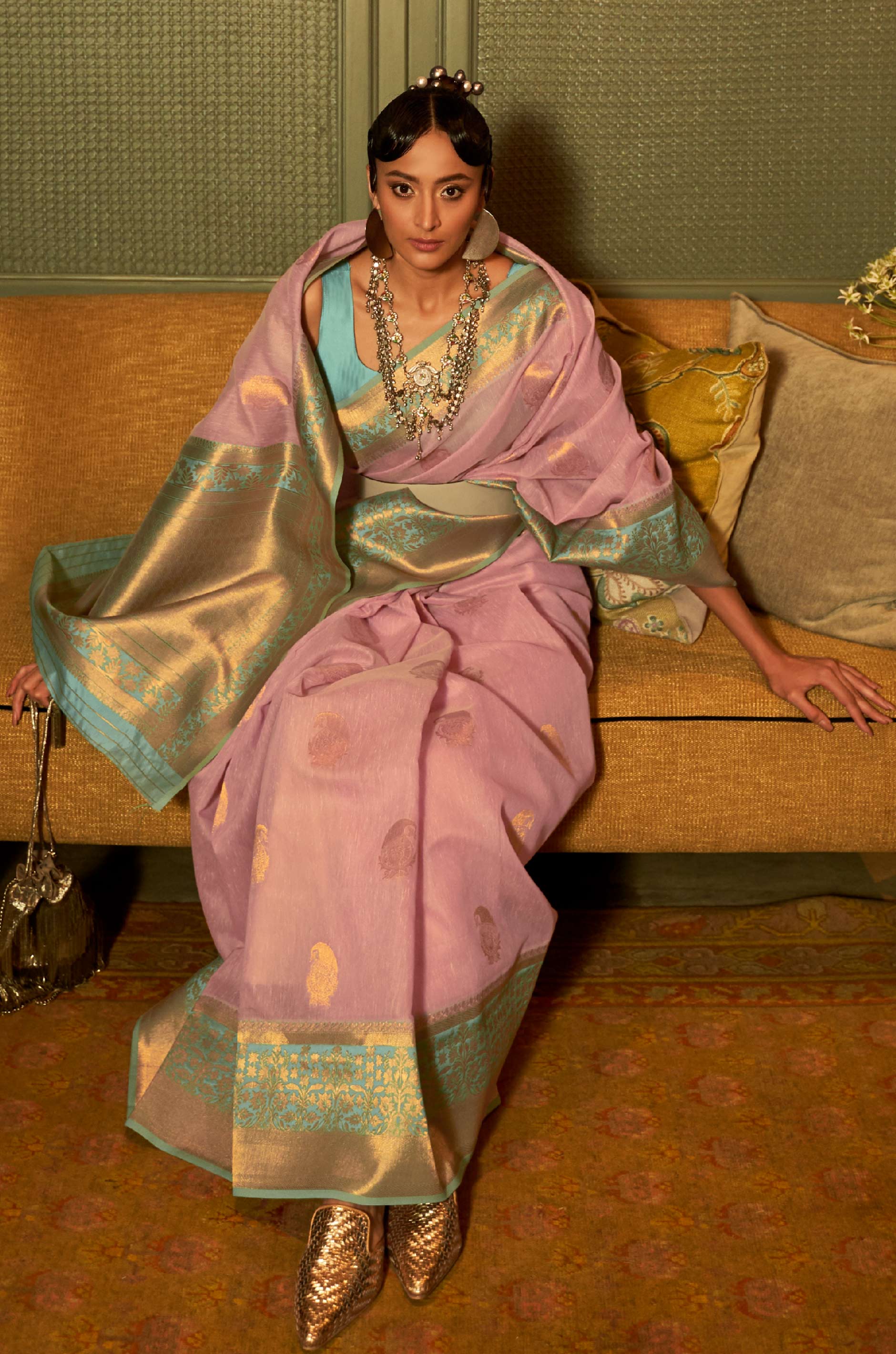Pink Woven Linen Saree - Image 5