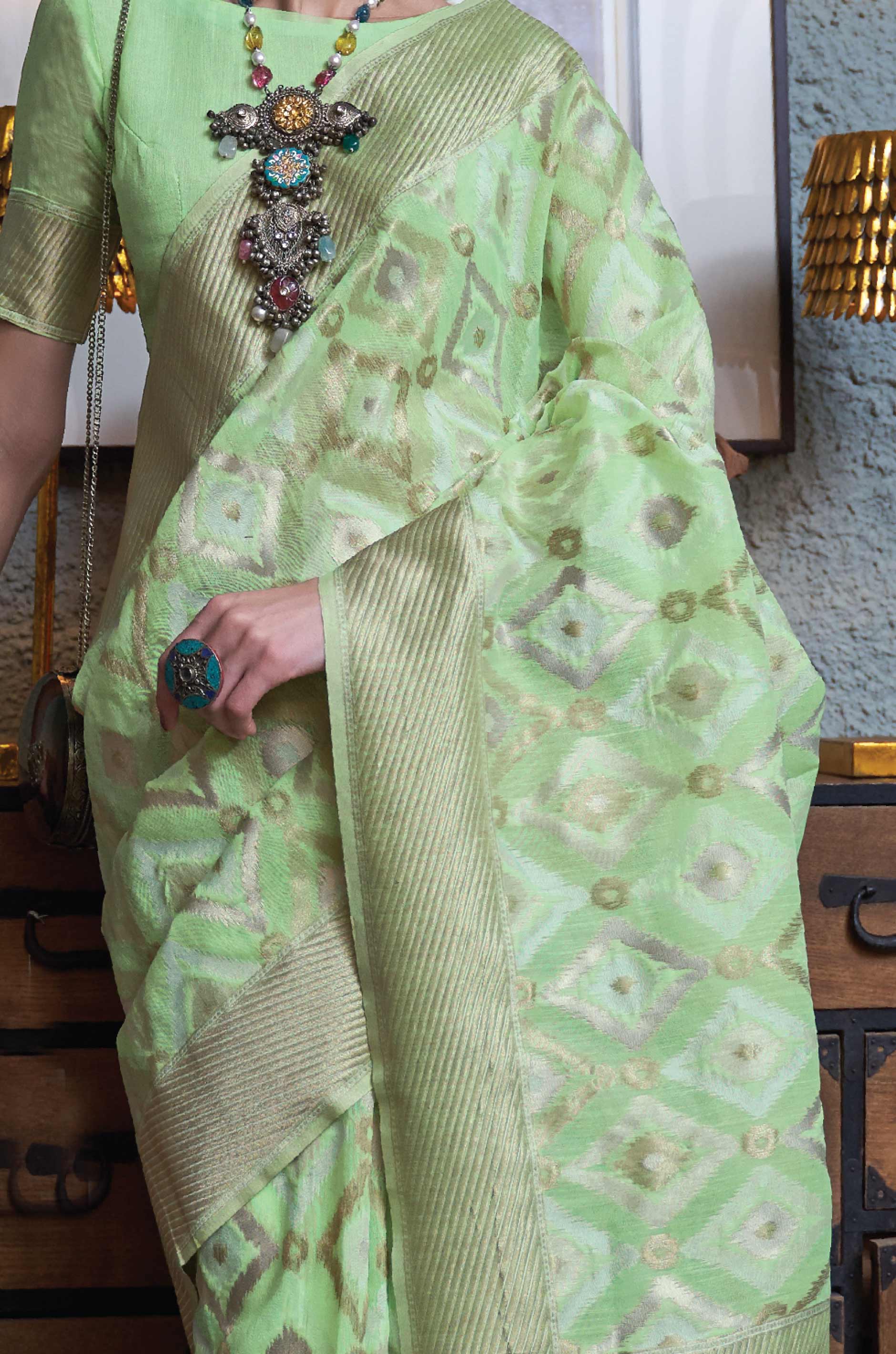 Pista Green Woven Linen Saree - Image 3
