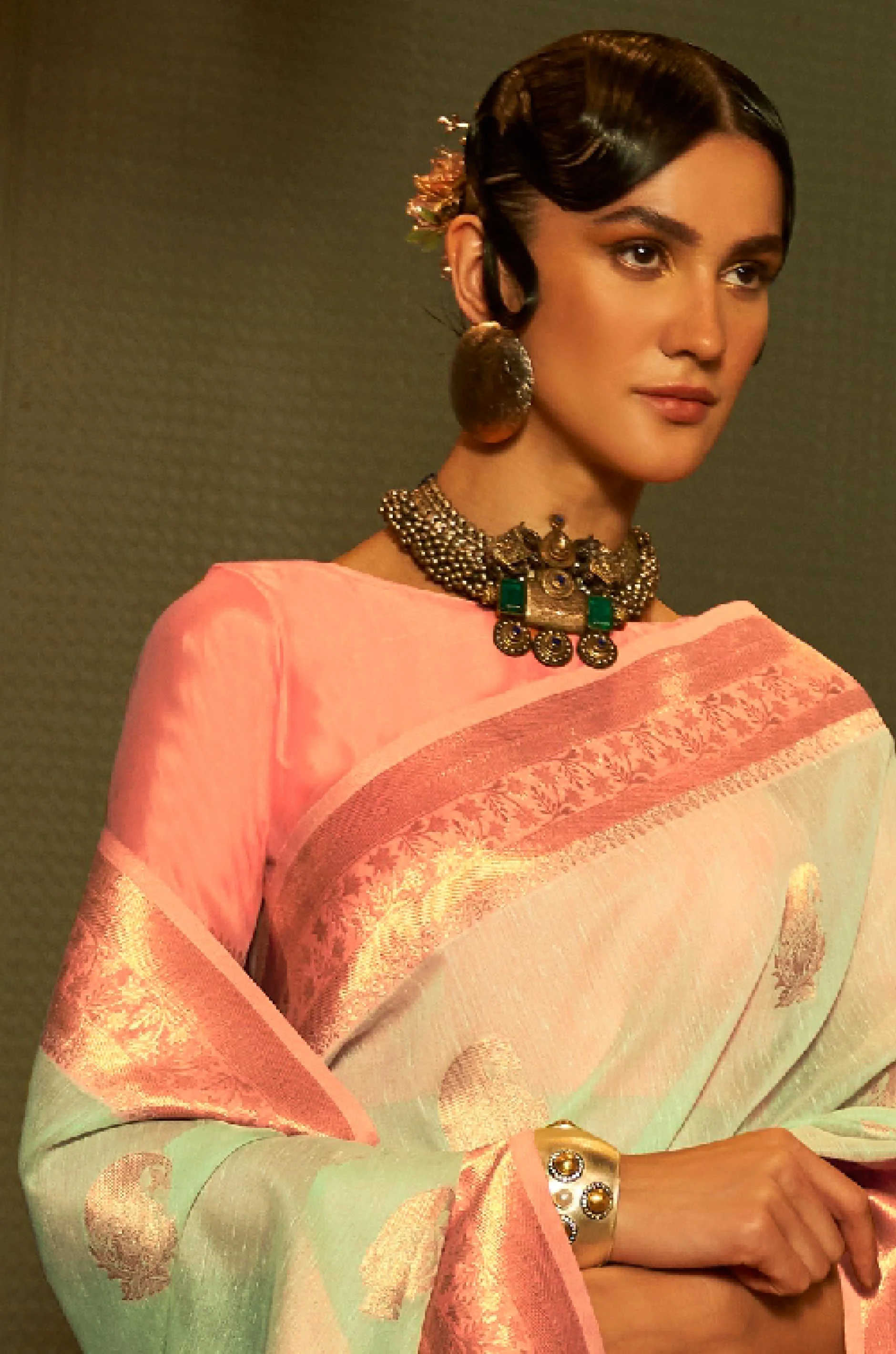 Pista Green Woven Linen Saree - Image 4