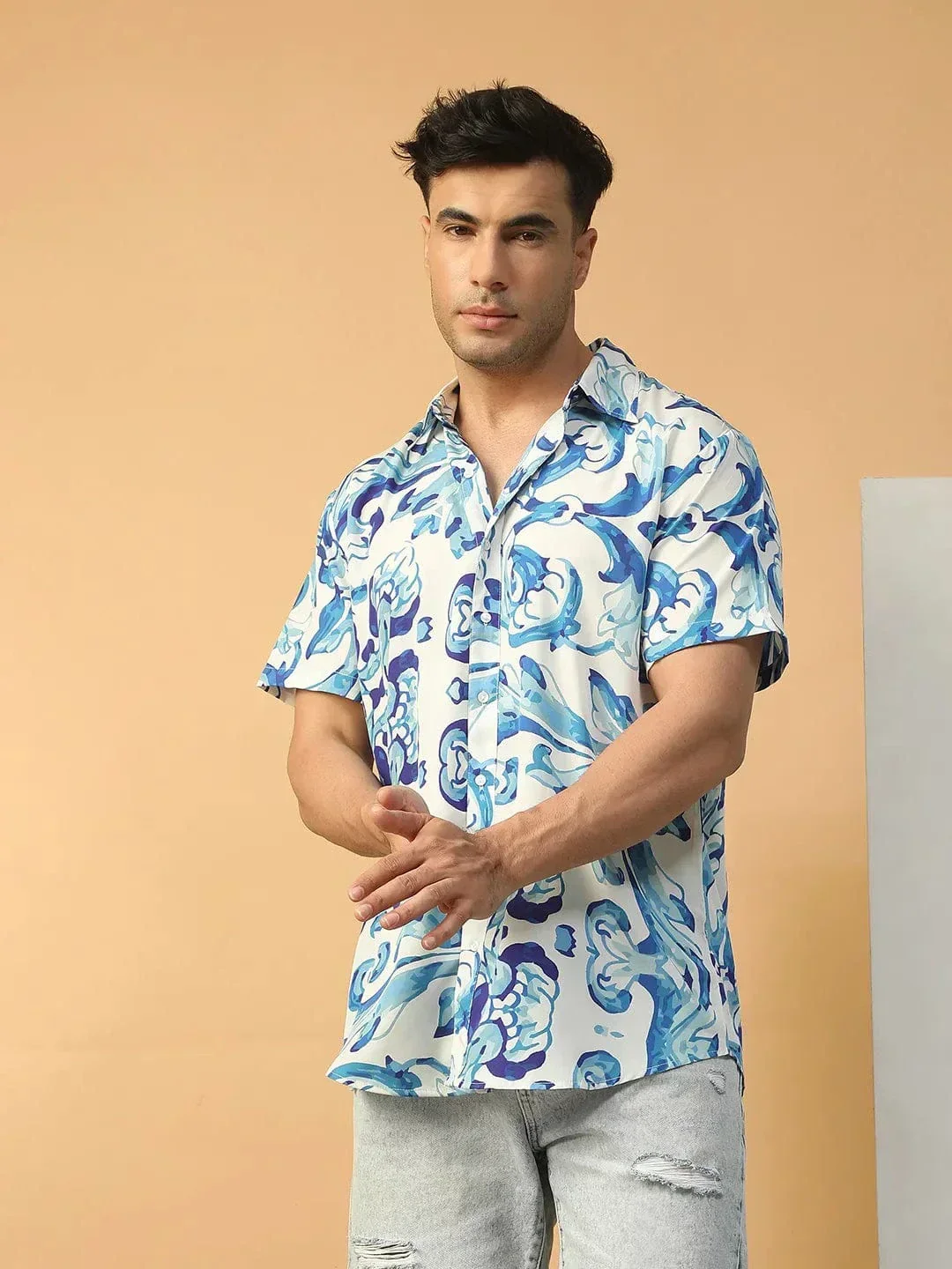 Player Blue Abstract Print Collared Short Sleeve Men Oversized Shirt