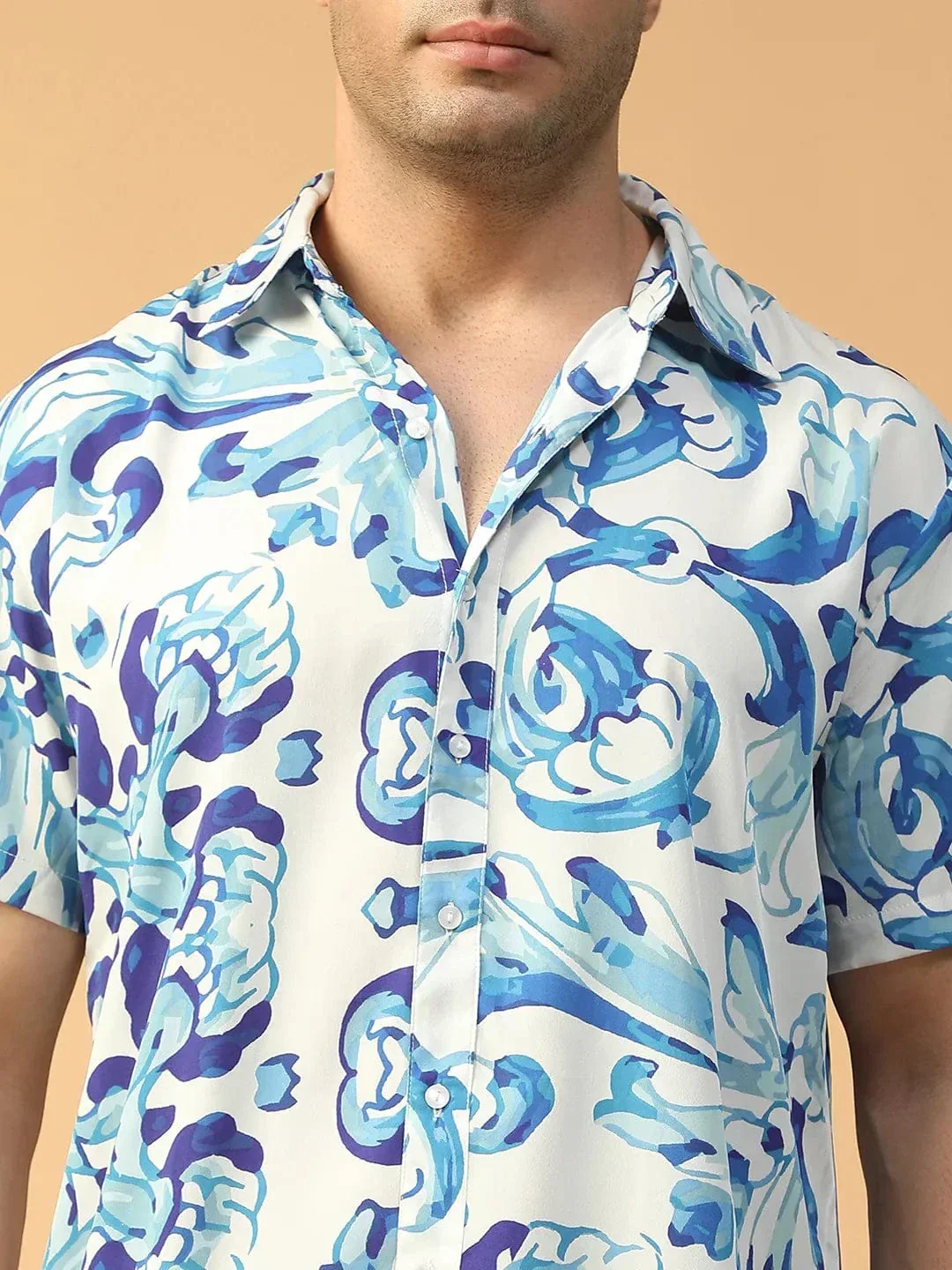 Player Blue Abstract Print Collared Short Sleeve Men Oversized Shirt - Image 7