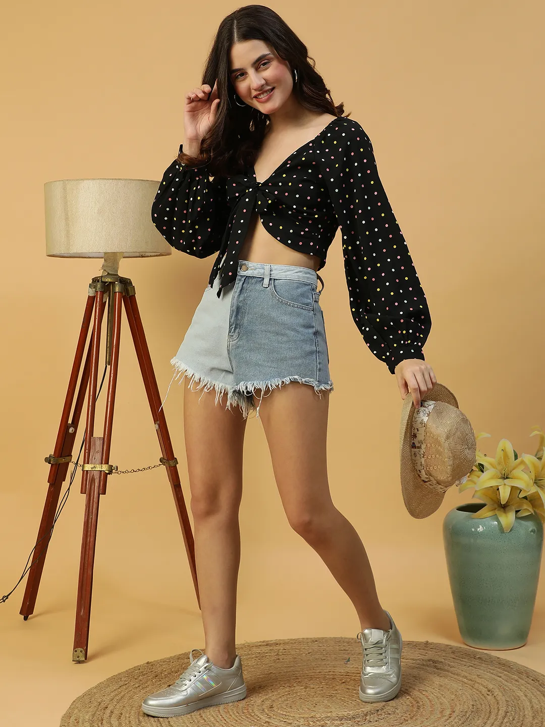 Playful Black Polka Dot Print  Tie-knotted long Sleeve Crop Women Top - Image 2