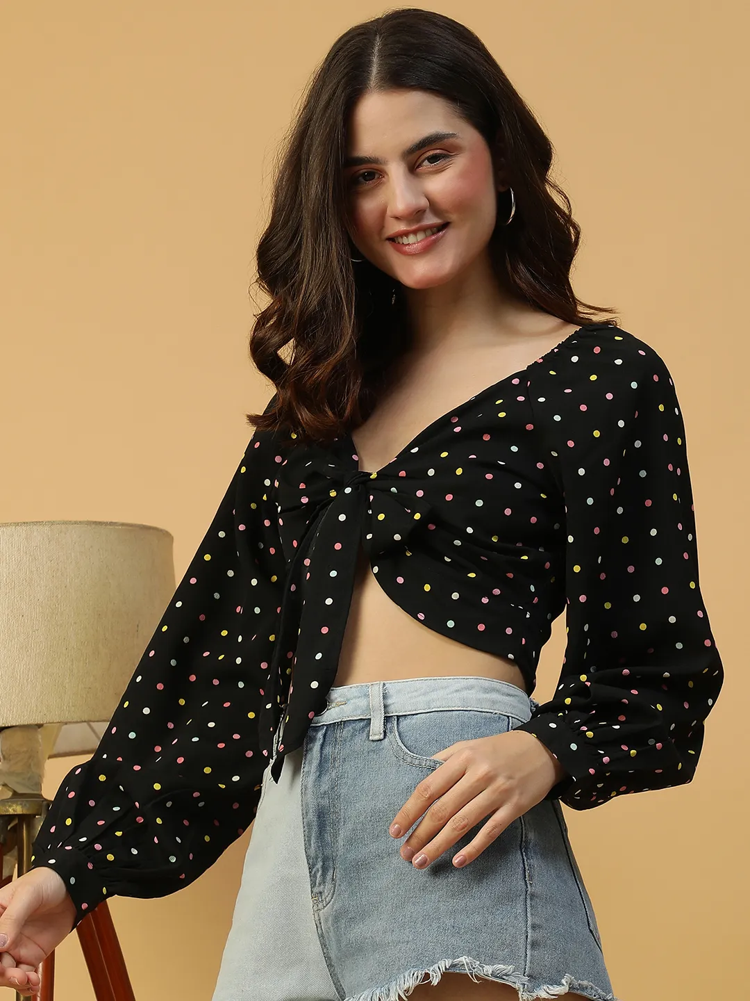 Playful Black Polka Dot Print  Tie-knotted long Sleeve Crop Women Top - Image 6