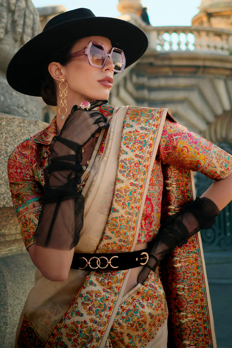 Pleasurable Beige Pashmina Saree With Resonant Blouse Piece - Image 2