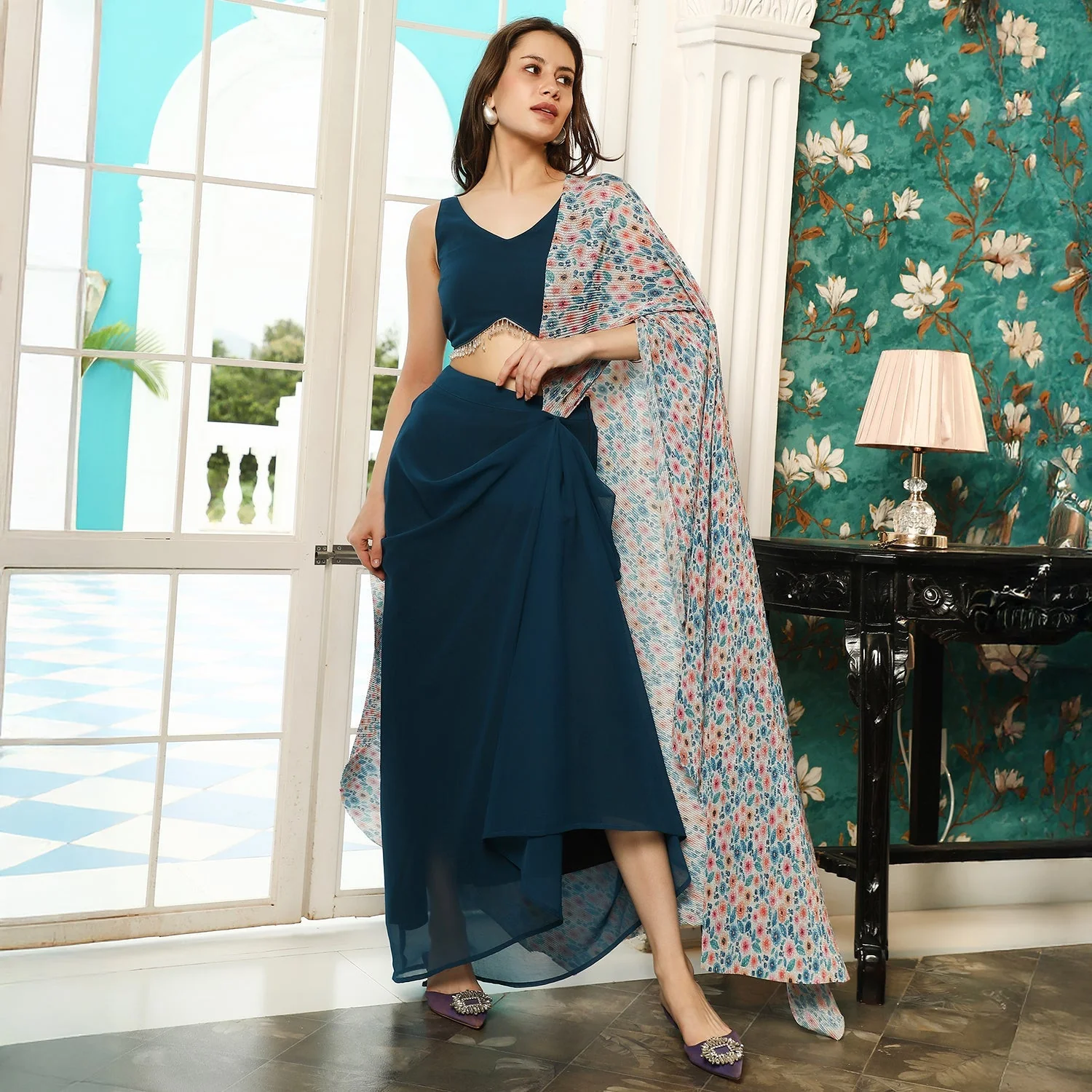 Pleated-Block Imprint Pre-Draped Saree - Image 3