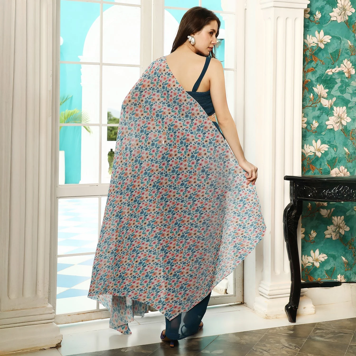 Pleated-Block Imprint Pre-Draped Saree - Image 4