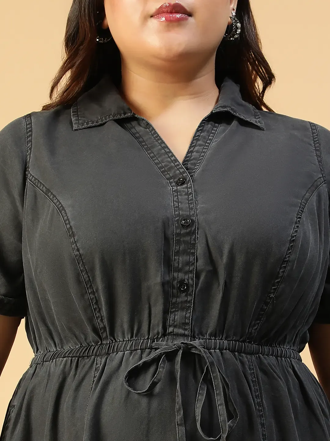 Plus Size Black Denim Cotton Below Knee Elasticated Dress - Image 2