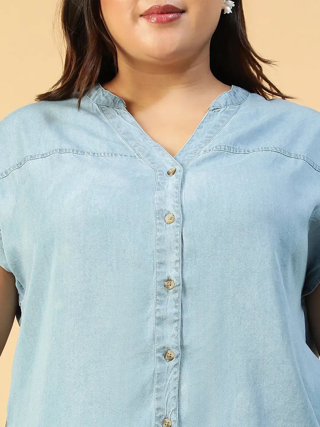 Plus Size Blue Women’s Cotton Denim Top - Image 2