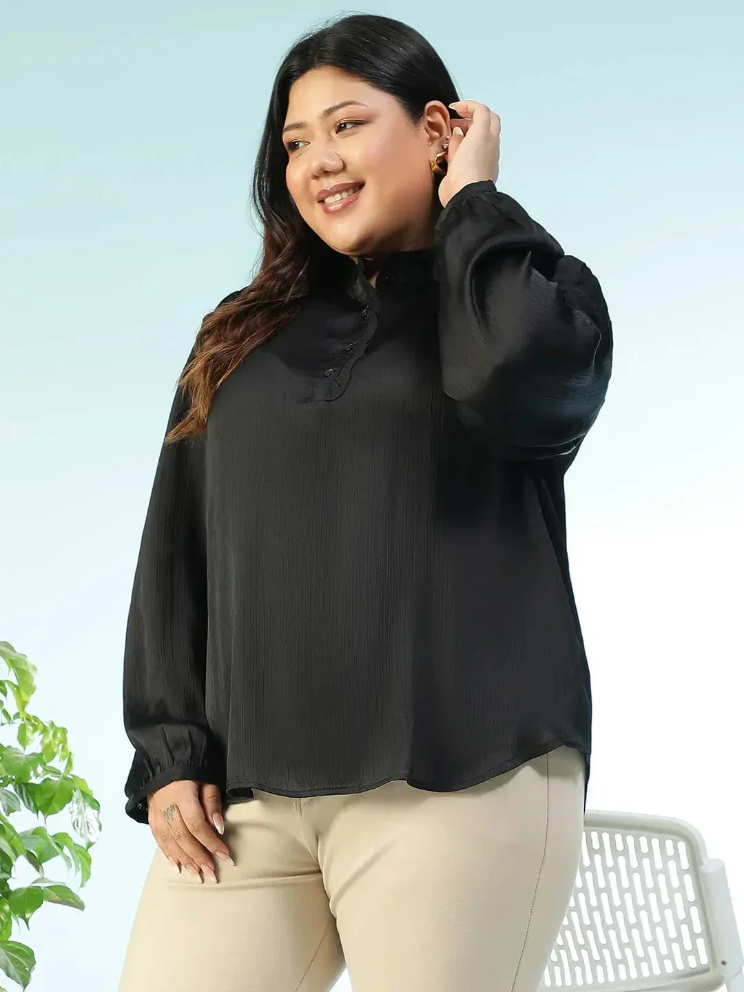 Plus Size Satin Top - Black Button Detail Top With Round Neck & Long Sleeves - Image 3