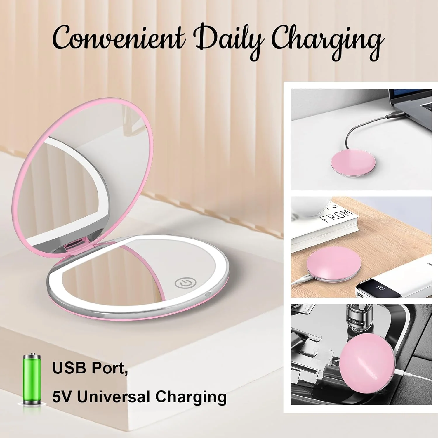 PocketGlow: LED Pocket Compact Mirror with 1X/3X Magnification, USB Rechargeable Mini Makeup Mirror for Purse, Travel & Daily Use - Image 8