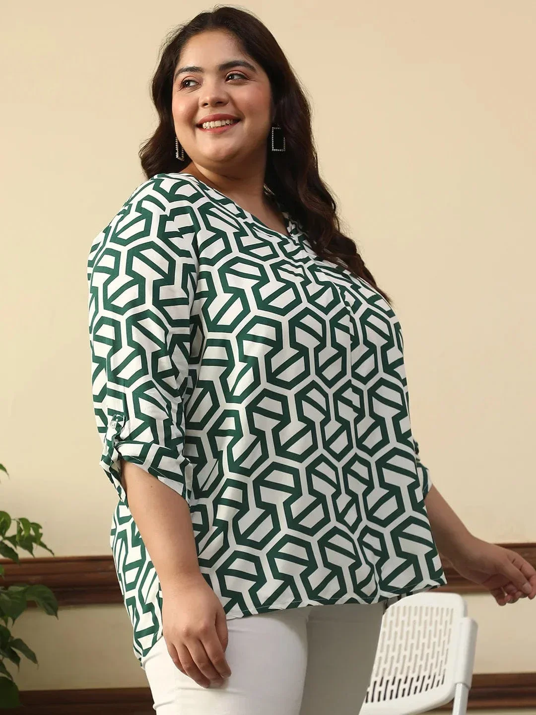 Poise Green Abstract Rayon Print Plus Size Women Top With Long Sleeves And Pleated Detailing. - Image 4