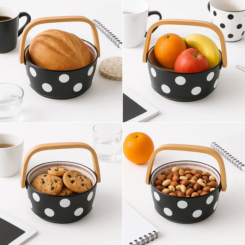Polka Dot Ceramic Basket with Wooden Handle – Multipurpose Bowl for Snacks, Fruits & Decor - Image 5
