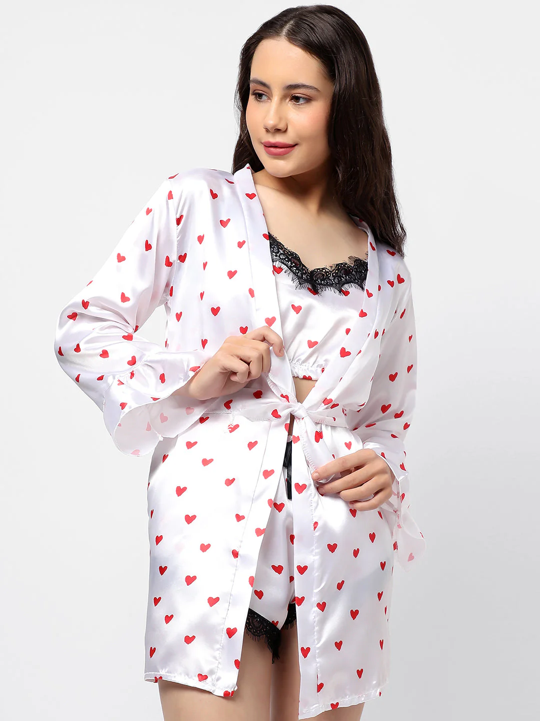 Polka Dots Crop Top, Short & Coat Satin Night Wear Set - Image 3