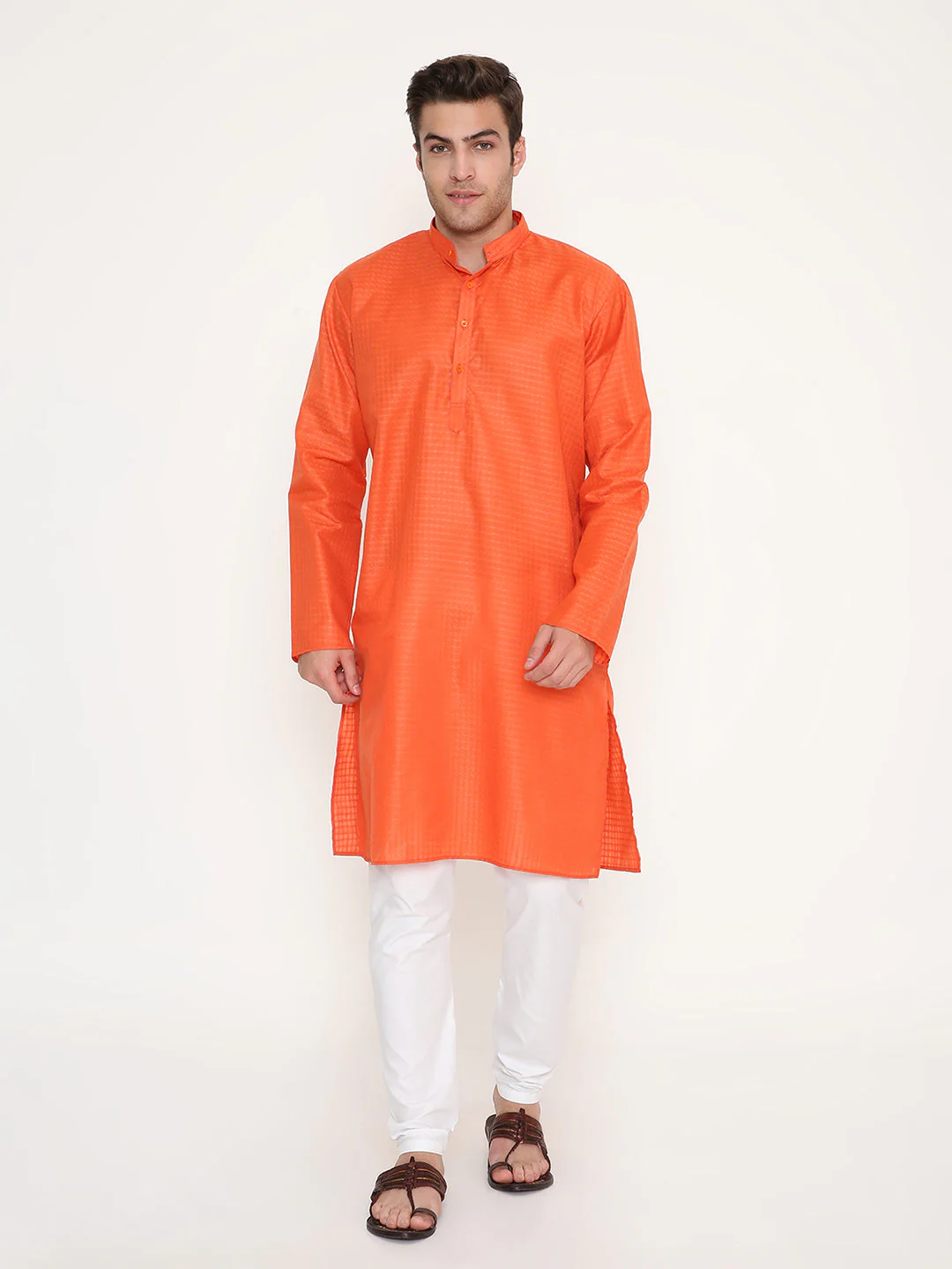 Poly Viscose Regular Fit Ethnic Design Kurta in Orange - Image 3