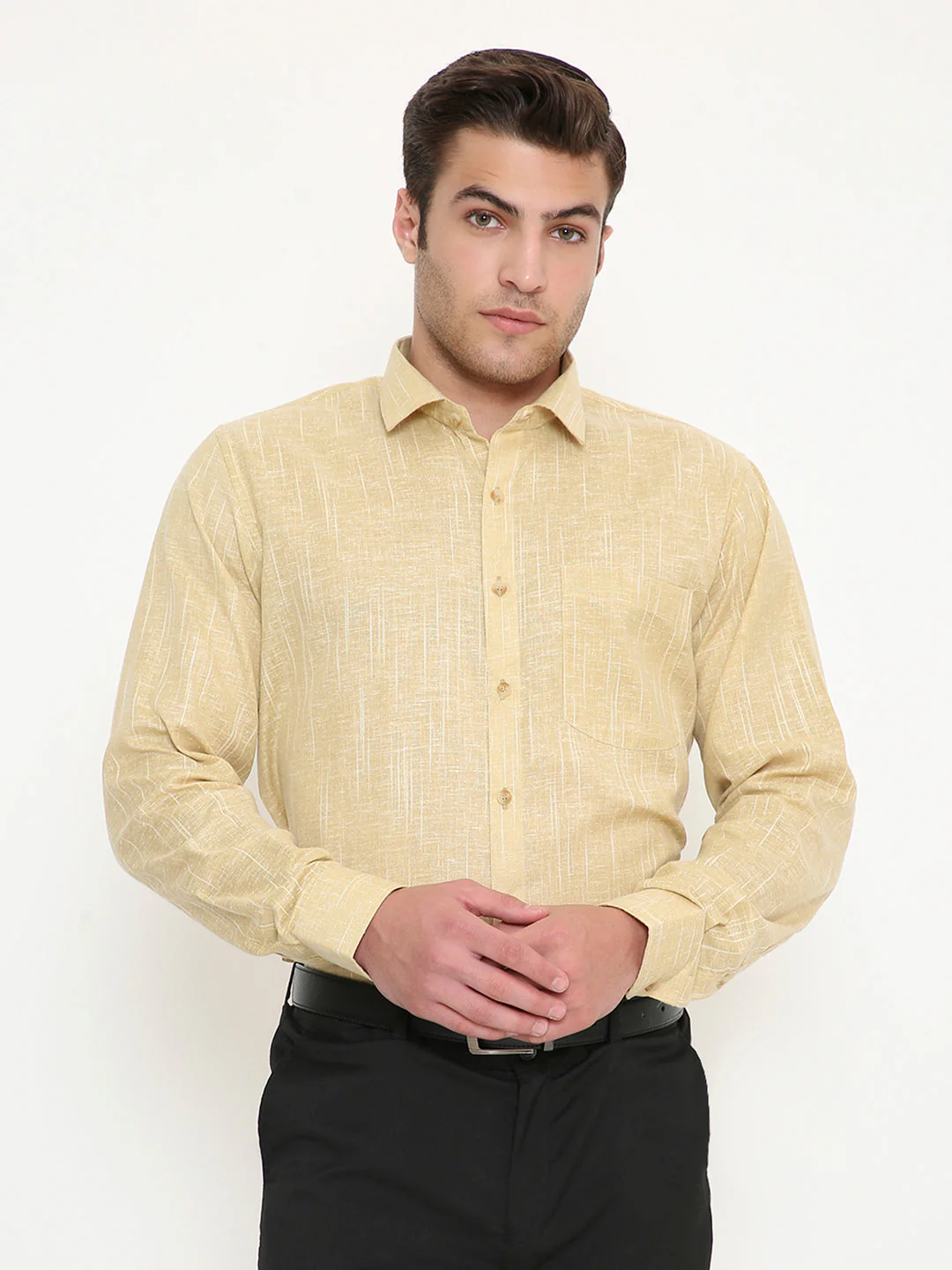 Poly Viscose Self Design Slim Fit Shirt in Ocher - Image 17