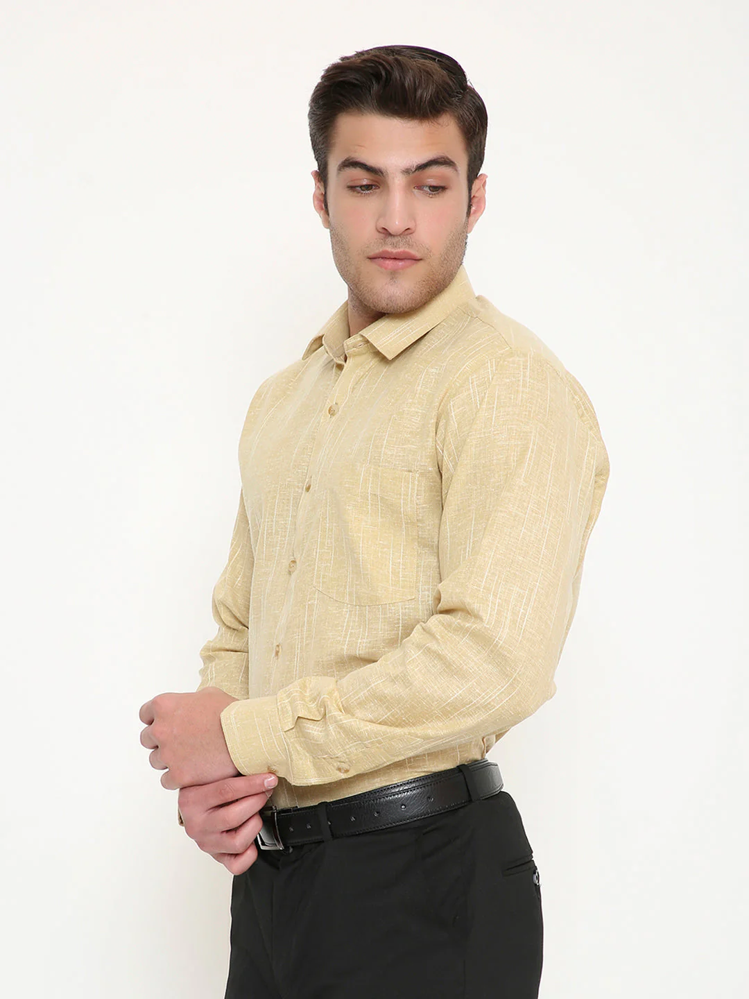 Poly Viscose Self Design Slim Fit Shirt in Ocher - Image 3