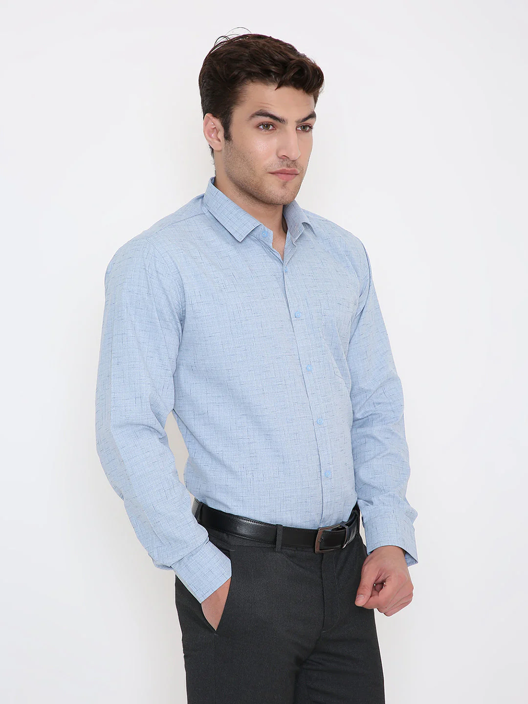 Poly Viscose Self Design Slim Fit Shirt in Pastel Blue - Image 4