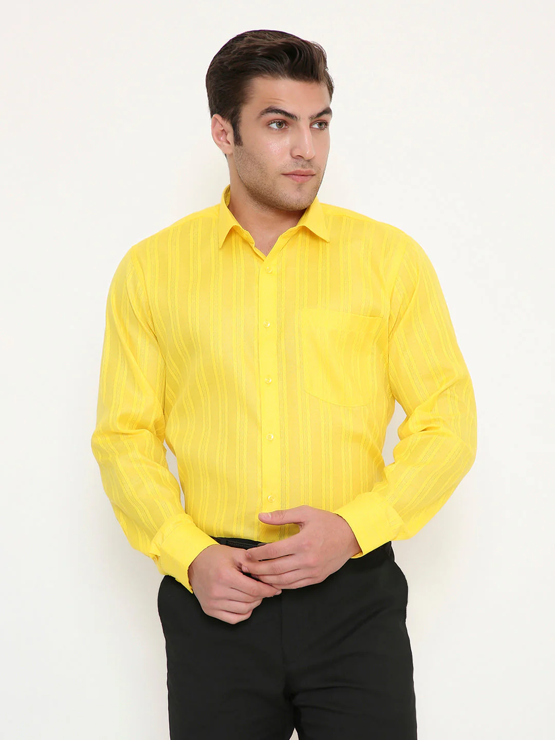 Poly Viscose Self Design Slim Fit Shirt in Yellow