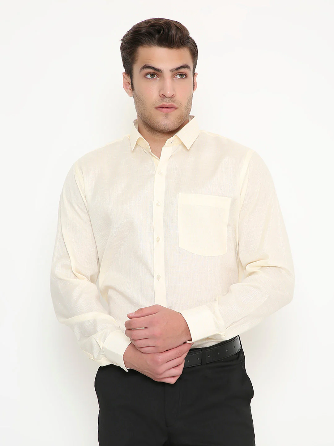 Poly Viscose Shiny Solid Slim Fit Shirt in Beige - Image 12