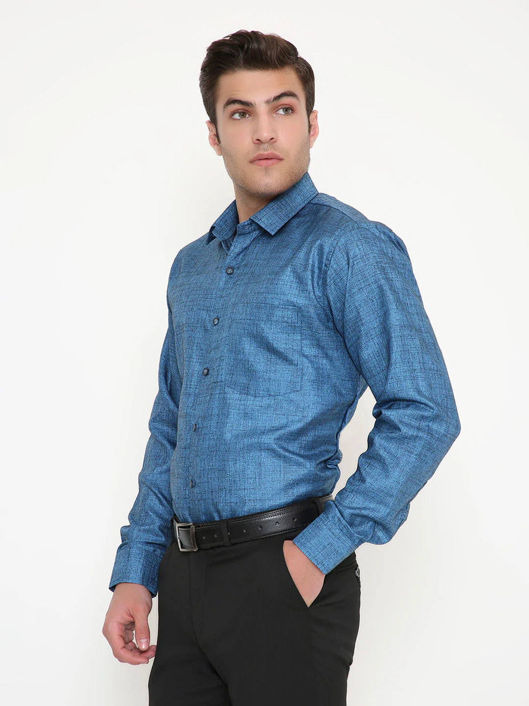 Poly Viscose Slim Fit Solid Shirt in Blue - Image 3