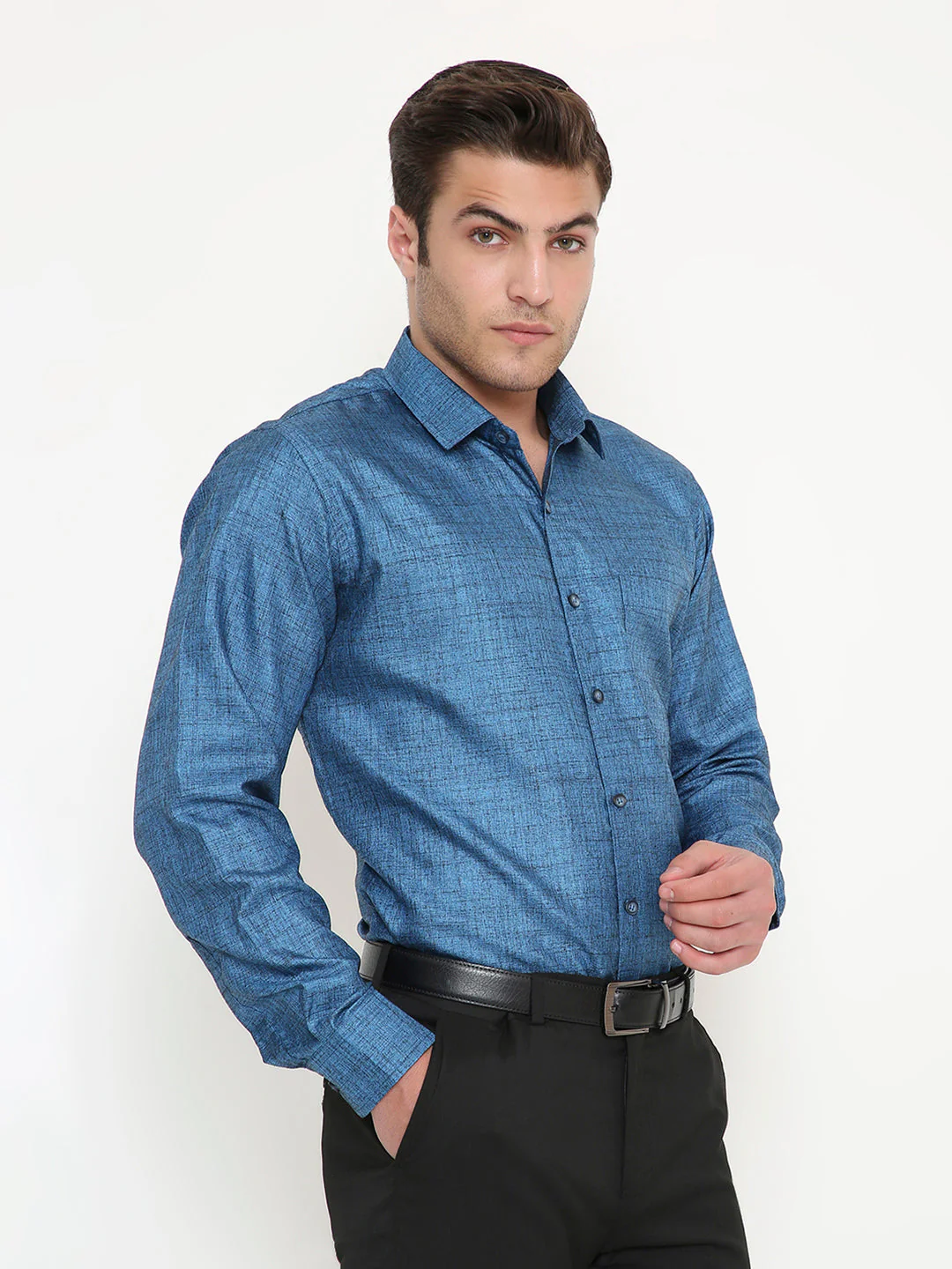 Poly Viscose Slim Fit Solid Shirt in Blue - Image 4